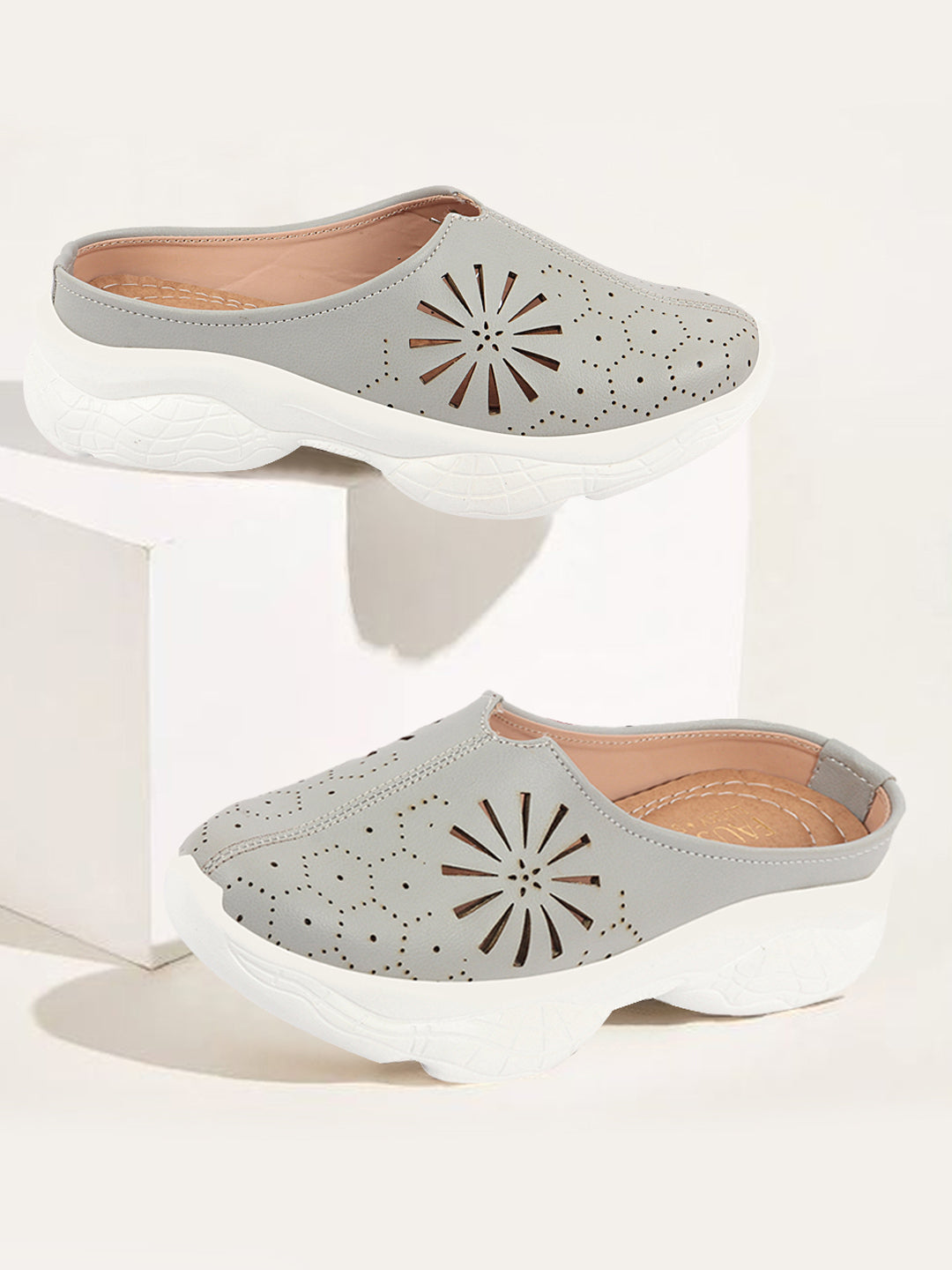 Grey Laser Cut Design Slip On Mules for Women