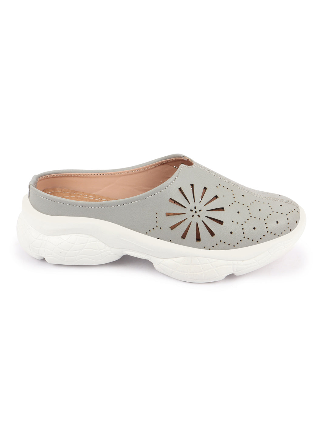 Grey Laser Cut Design Slip On Mules for Women