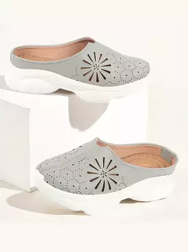 Grey Laser Cut Design Slip On Mules for Women