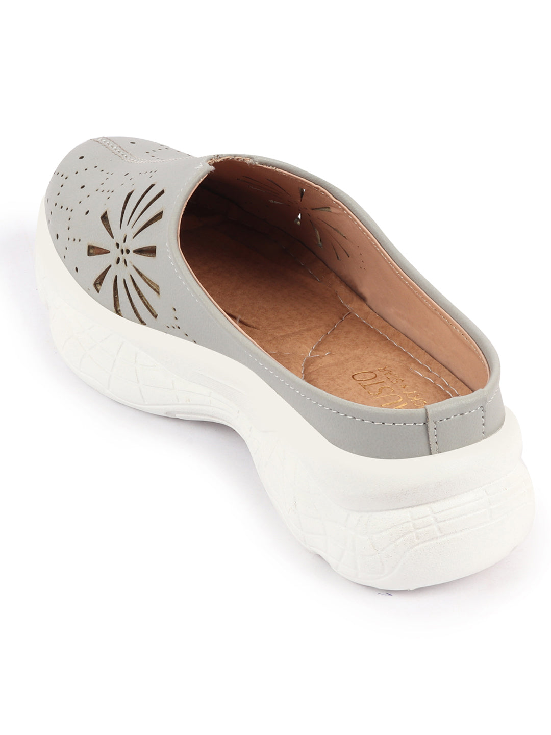 Grey Laser Cut Design Slip On Mules for Women