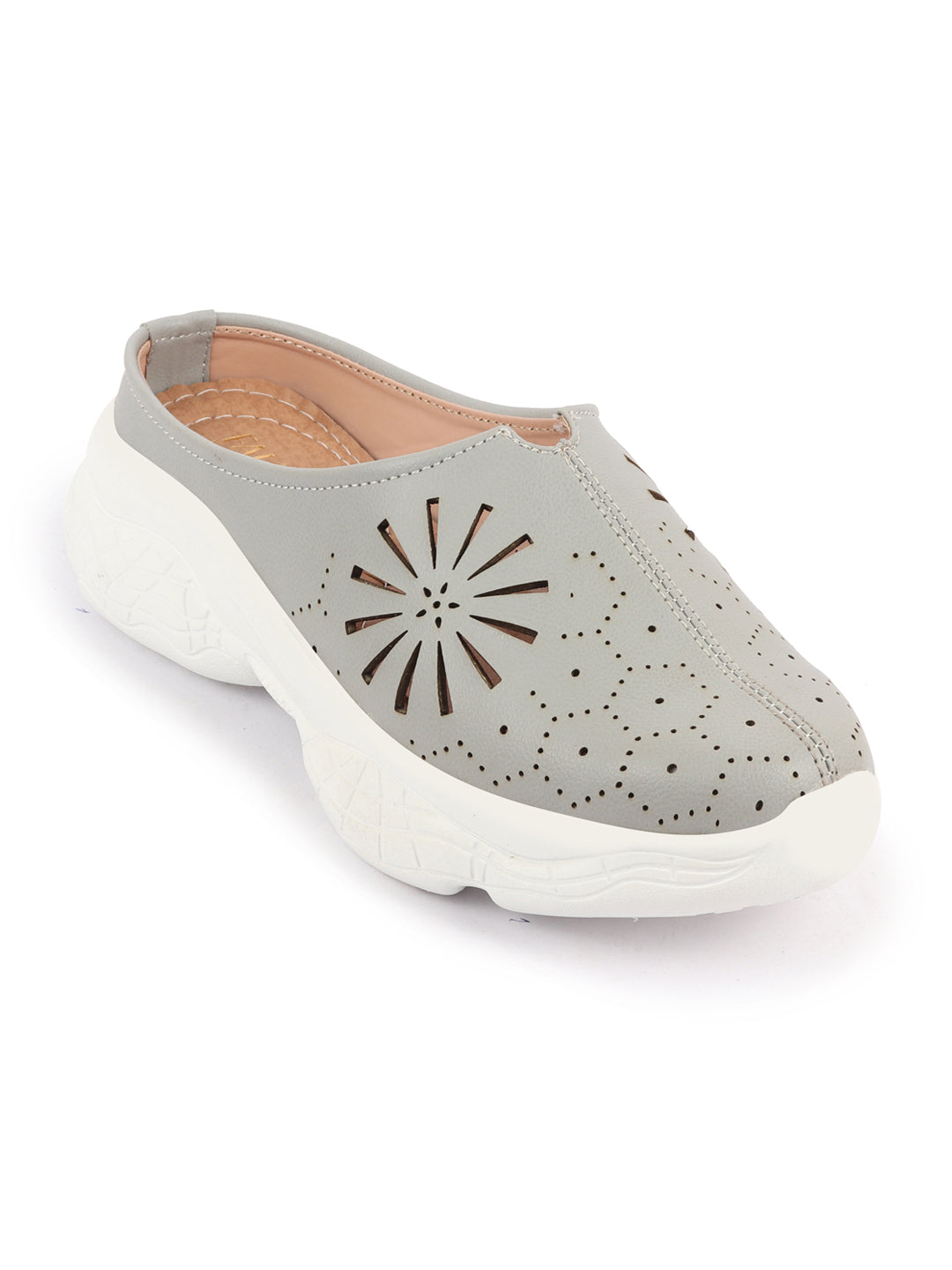 Grey Laser Cut Design Slip On Mules for Women