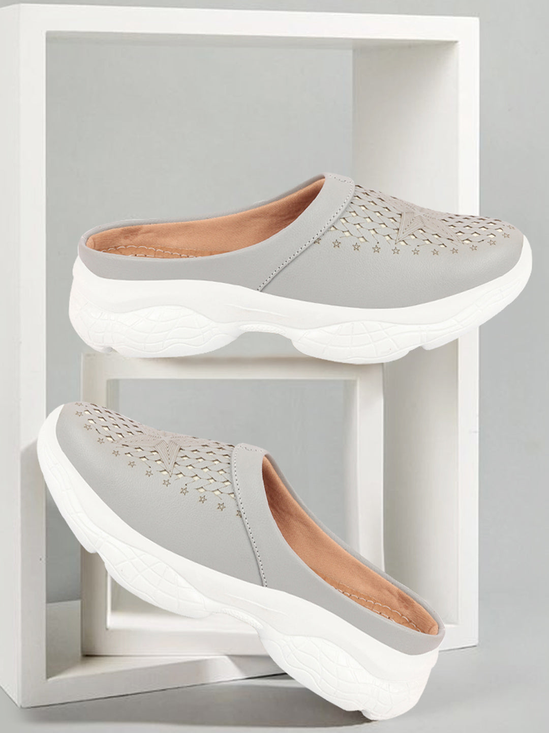 Grey Laser Cut Design Slip-On Mules Shoes for Women