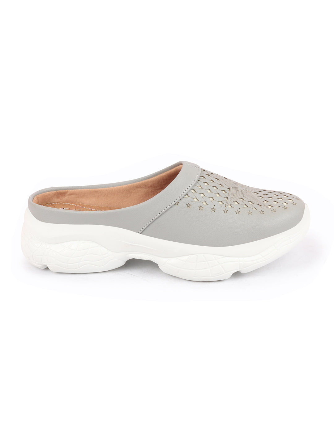 Grey Laser Cut Design Slip-On Mules Shoes for Women