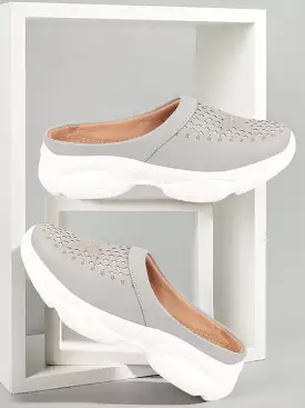 Grey Laser Cut Design Slip-On Mules Shoes for Women