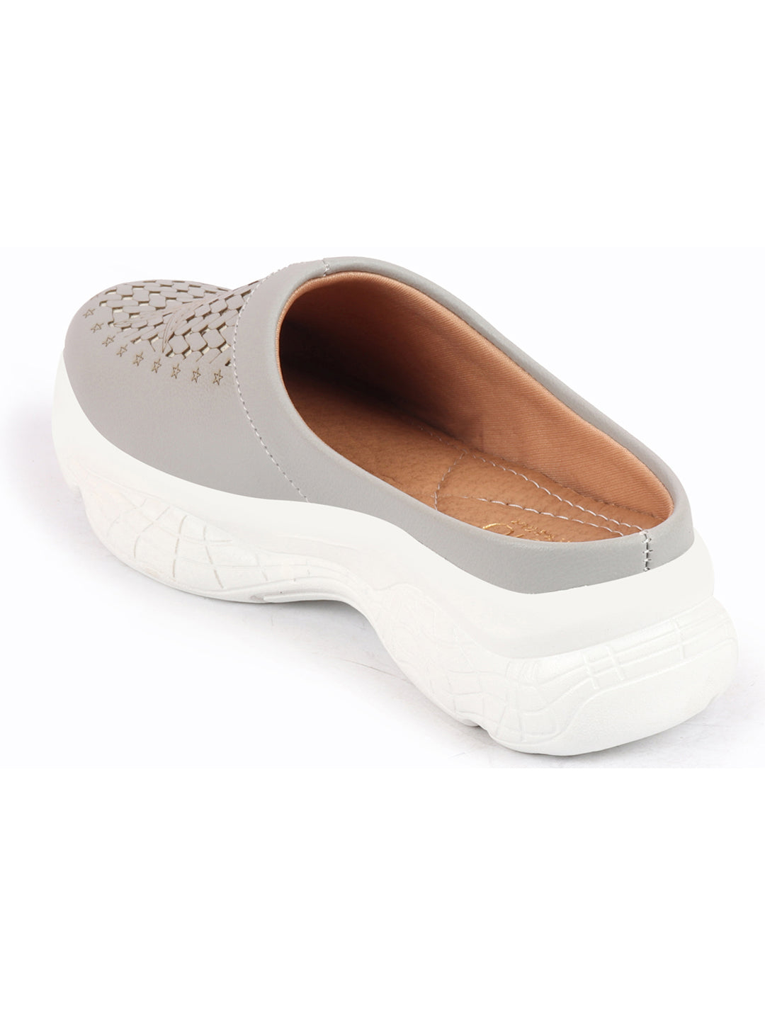 Grey Laser Cut Design Slip-On Mules Shoes for Women