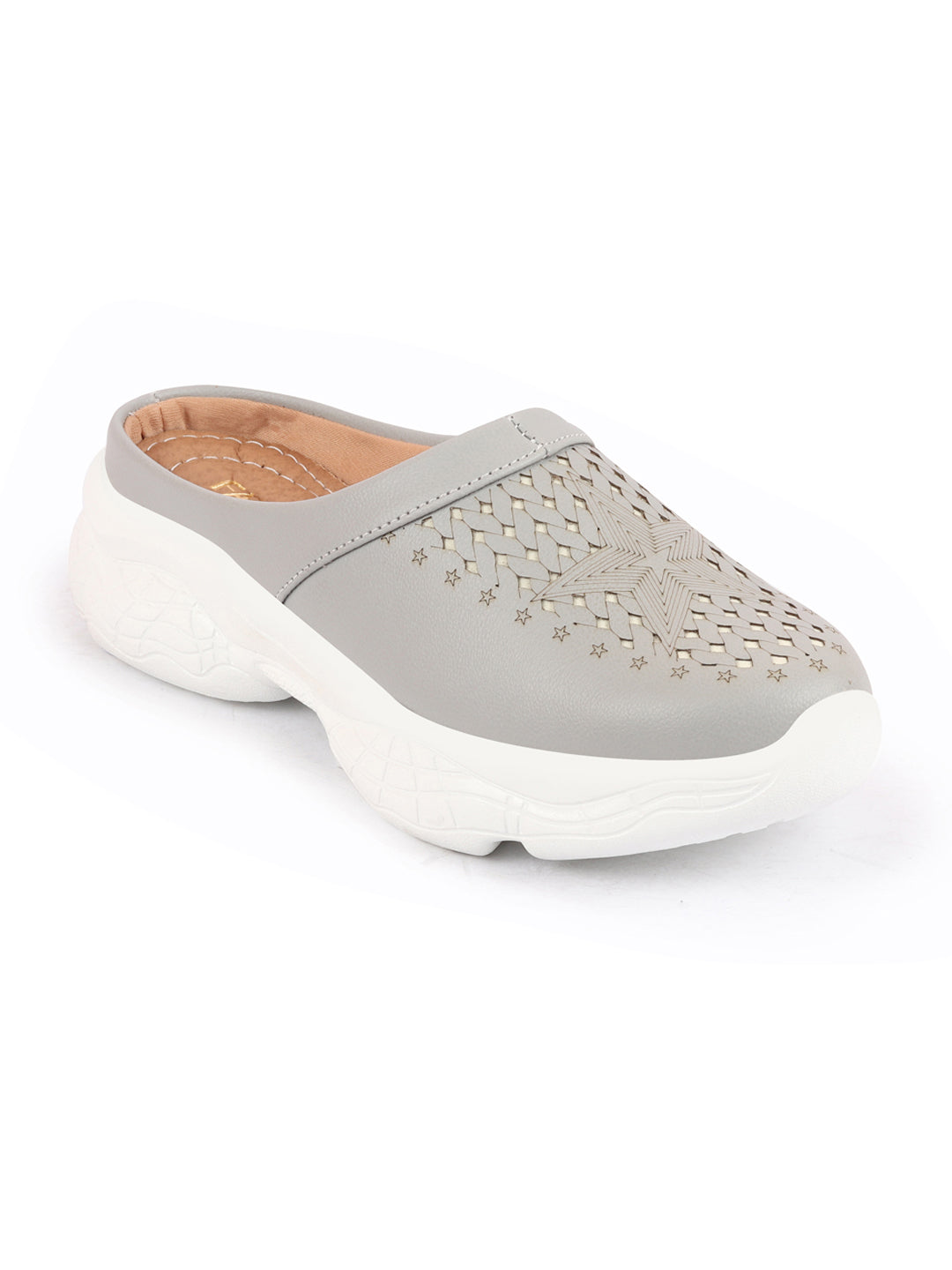 Grey Laser Cut Design Slip-On Mules Shoes for Women