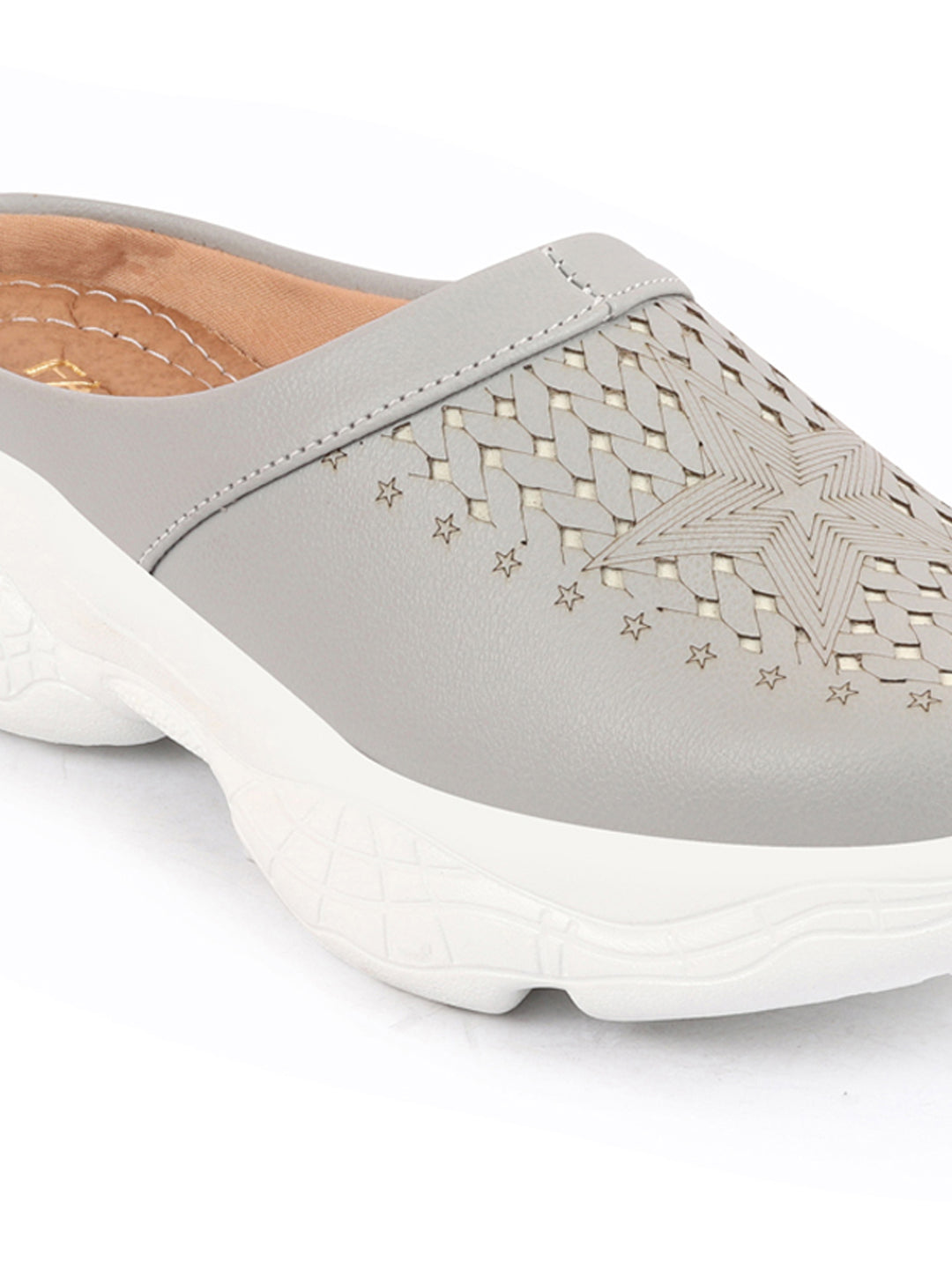 Grey Laser Cut Design Slip-On Mules Shoes for Women