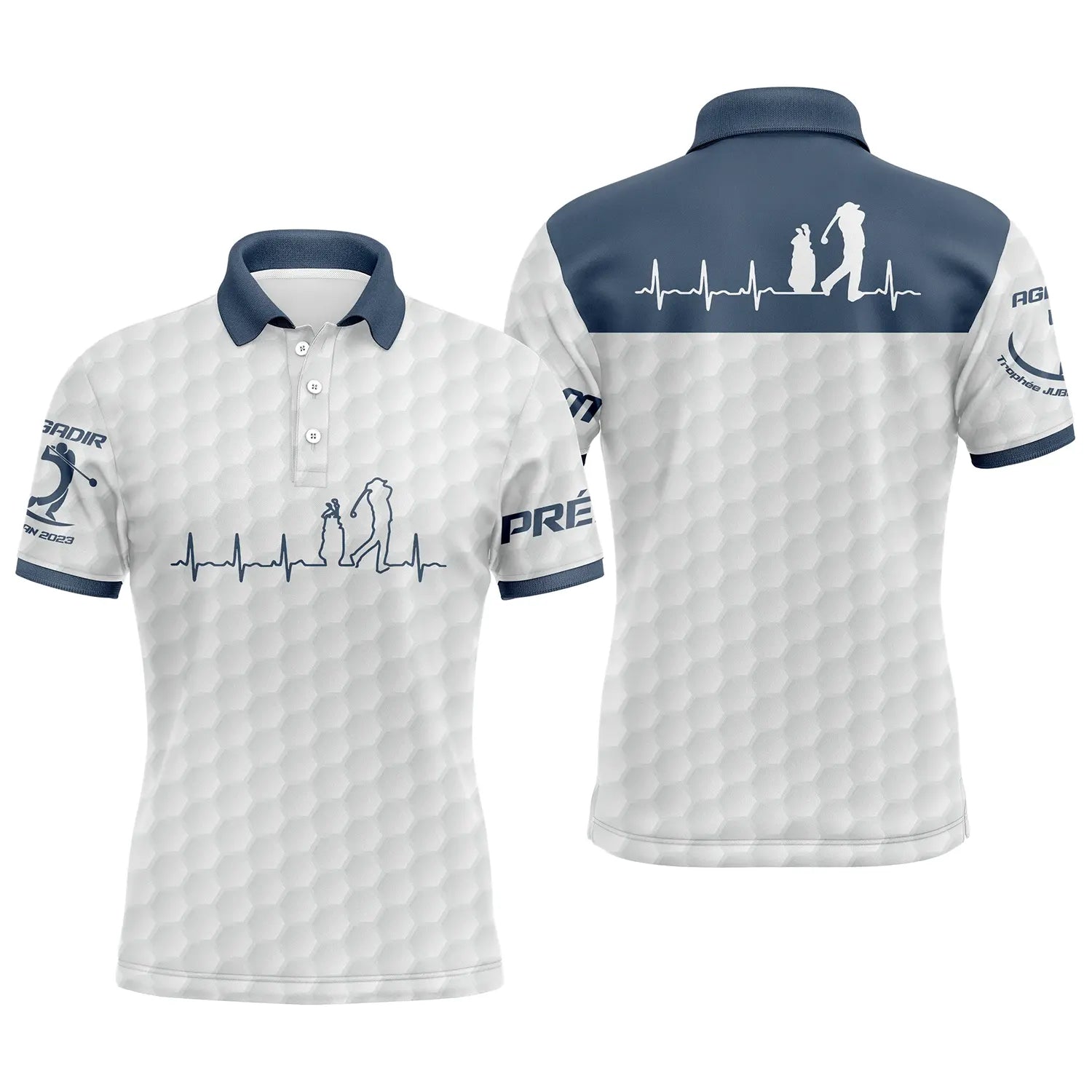 Heartbeat Golfer, White and Navy Blue Golf Polo, Custom Polo for Your Association - CTS18052218_KYC