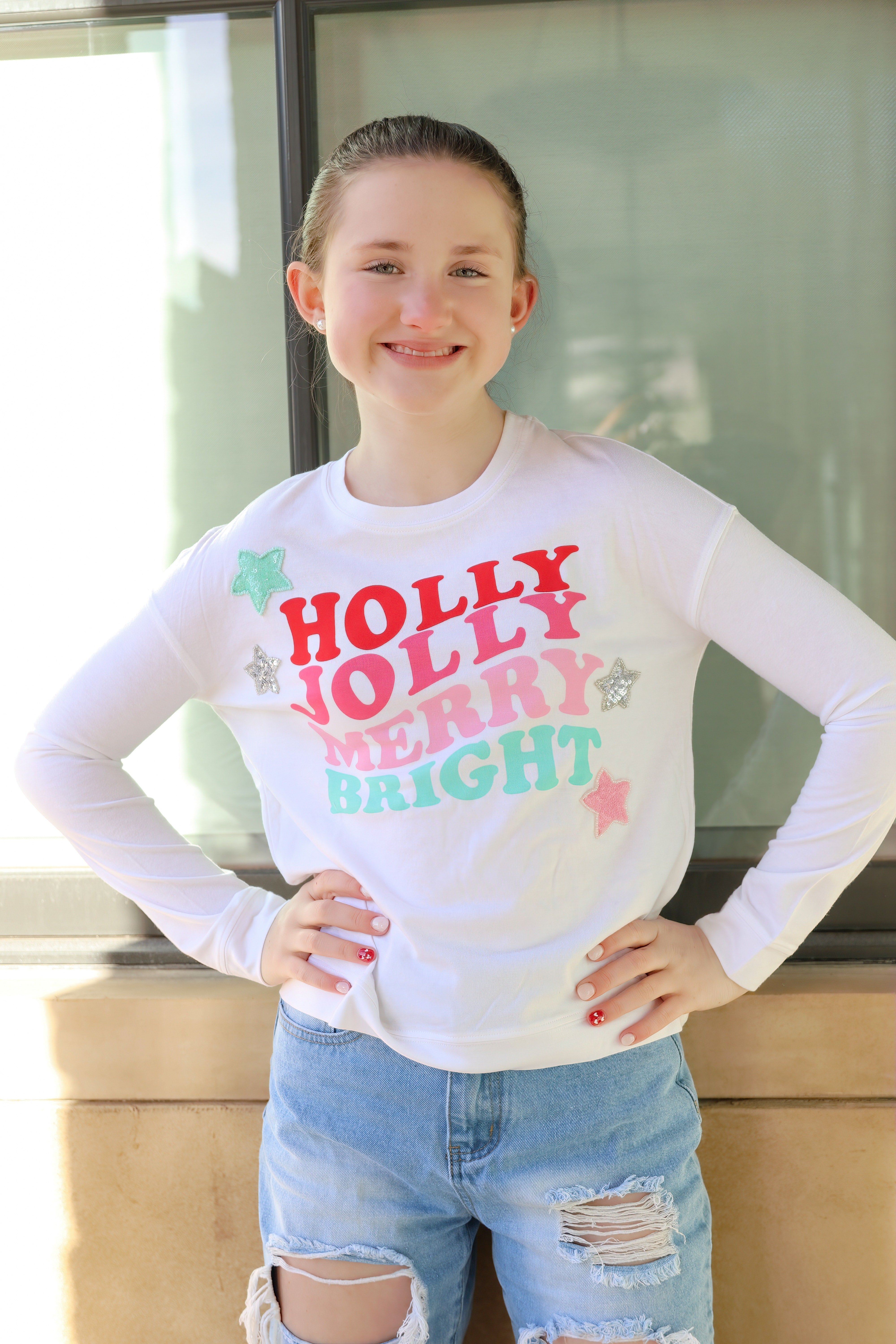 Holly Jolly Merry Bright Longsleeve Tee with Paper Flower design