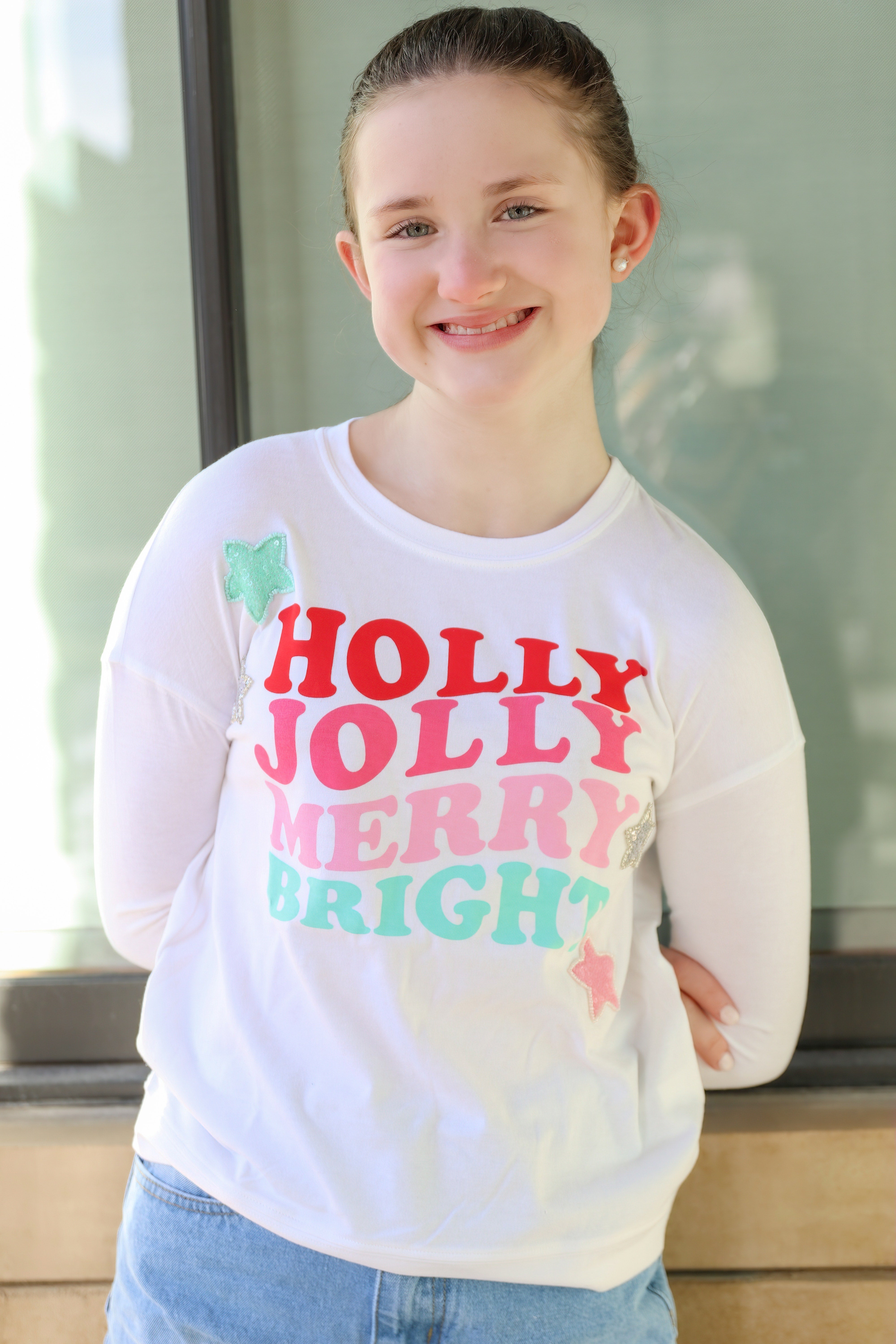 Holly Jolly Merry Bright Longsleeve Tee with Paper Flower design