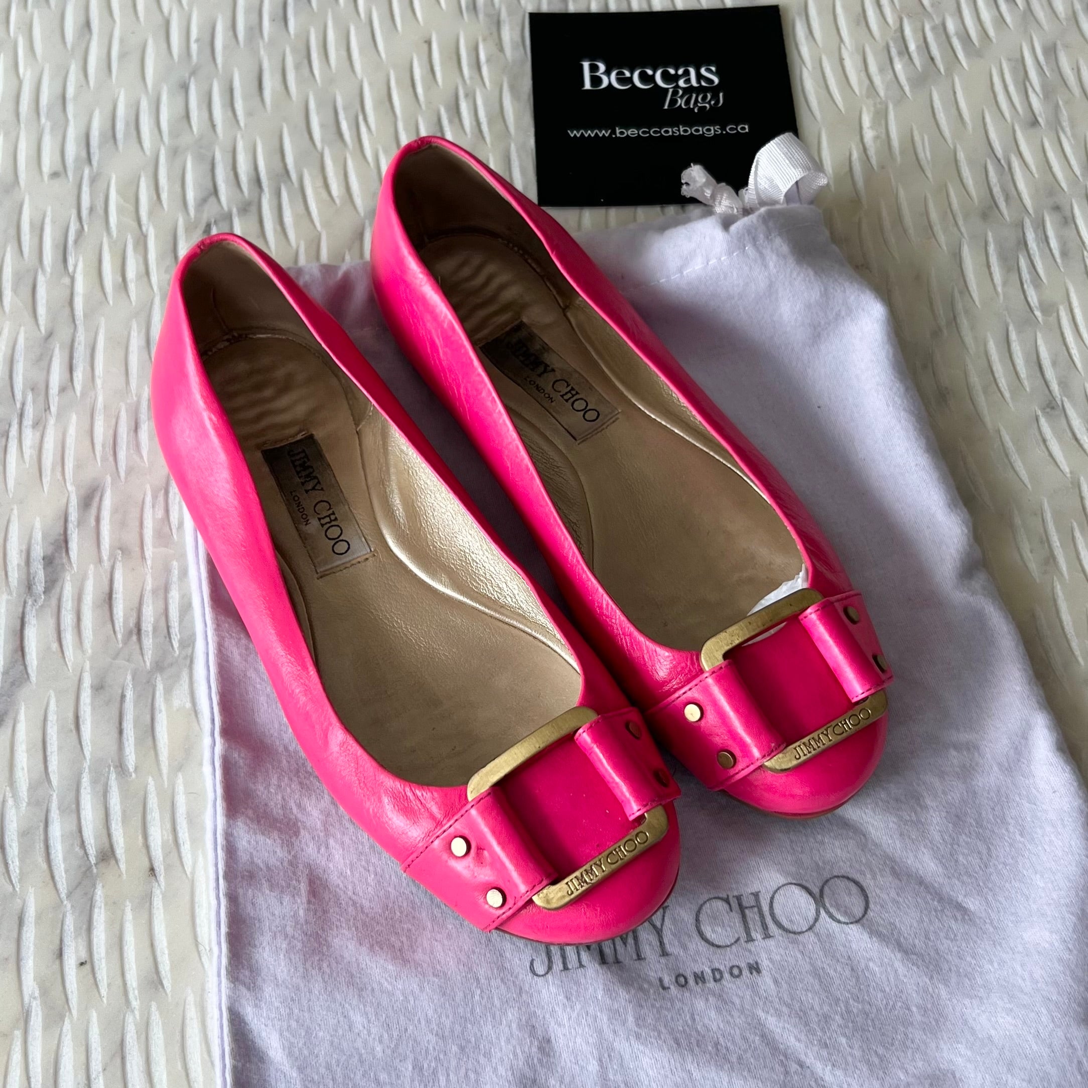 Jimmy Choo - Neon Pink Morse Leather Flats with Rubber Sole