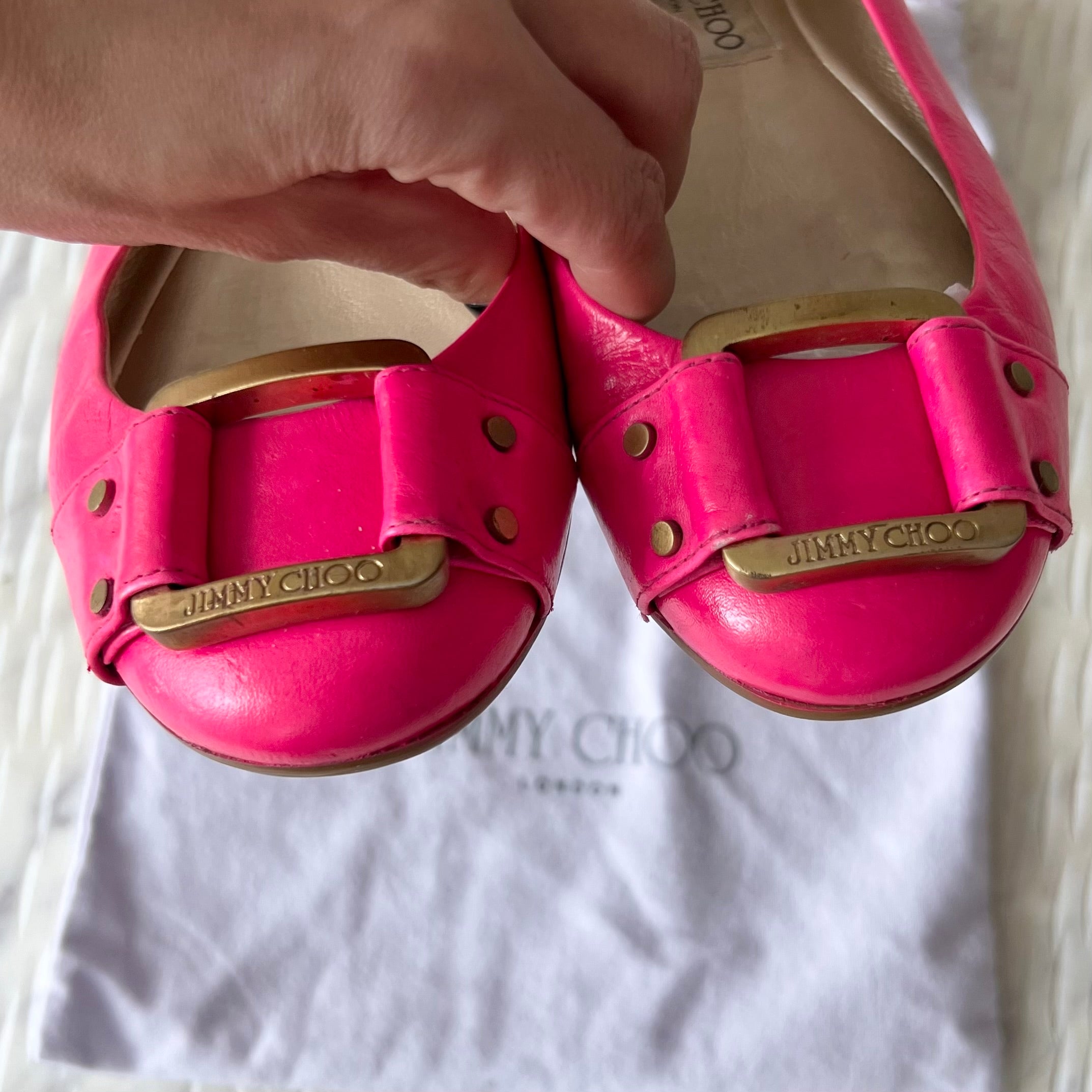 Jimmy Choo - Neon Pink Morse Leather Flats with Rubber Sole