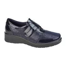 Ladies Navy Patent Strap Wedge Shoe ShoeTree Monica Hook & Loop: Navy Wedge Shoe Monica - Patent Strap, Hook & Loop.