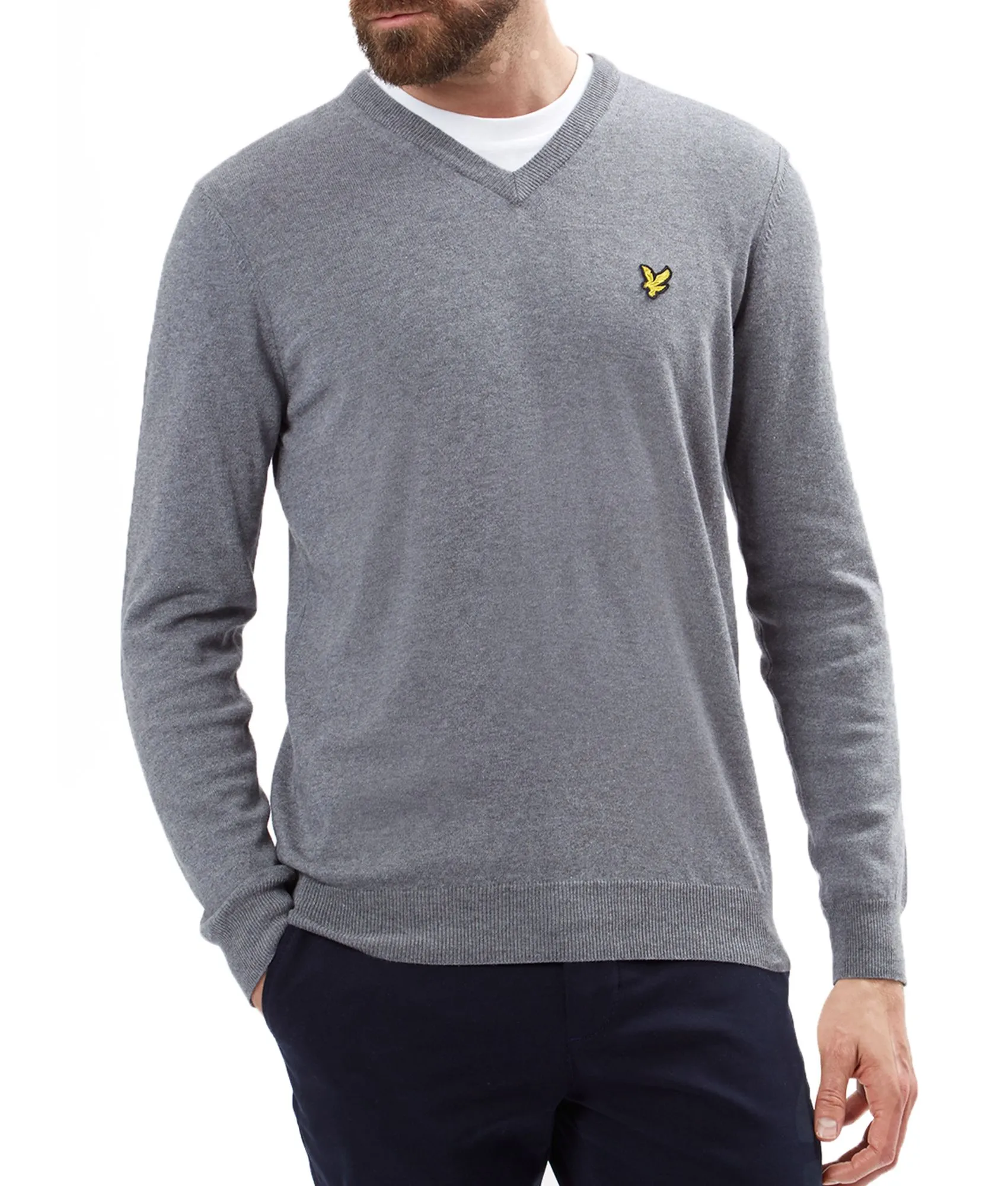 Mid Grey Marl V Neck Cotton Merino Wool Jumper by Lyle & Scott