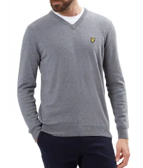 Mid Grey Marl V Neck Cotton Merino Wool Jumper by Lyle & Scott