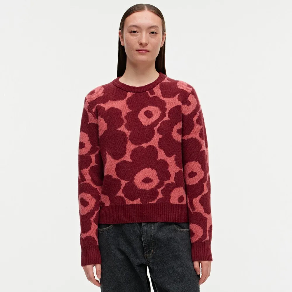 Crew Neck Flower Patterns Casual Style Wool Nylon Rib - Marimekko