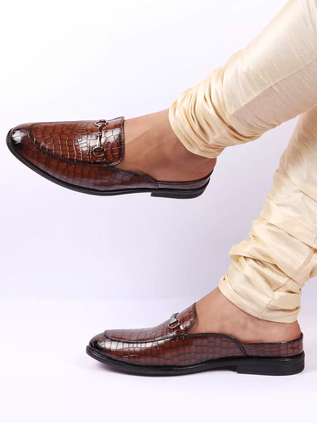 Men Slip On Mules Shoes with Embossed Leopard Print Design and Horsebit Buckle, Perfect for Ethnic Party