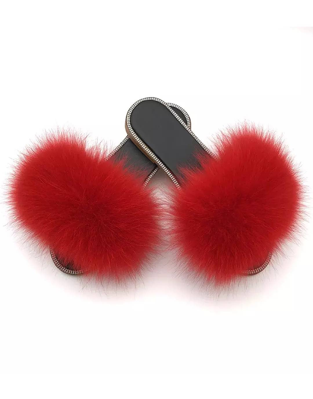 Natural fur slide sandals adorned with rhinestones