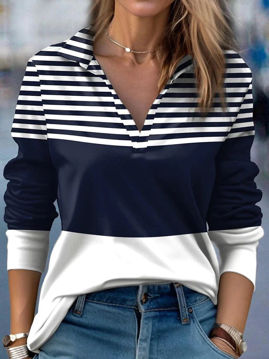 Navy Blue Striped Color Block Women's Long Sleeve Tee.