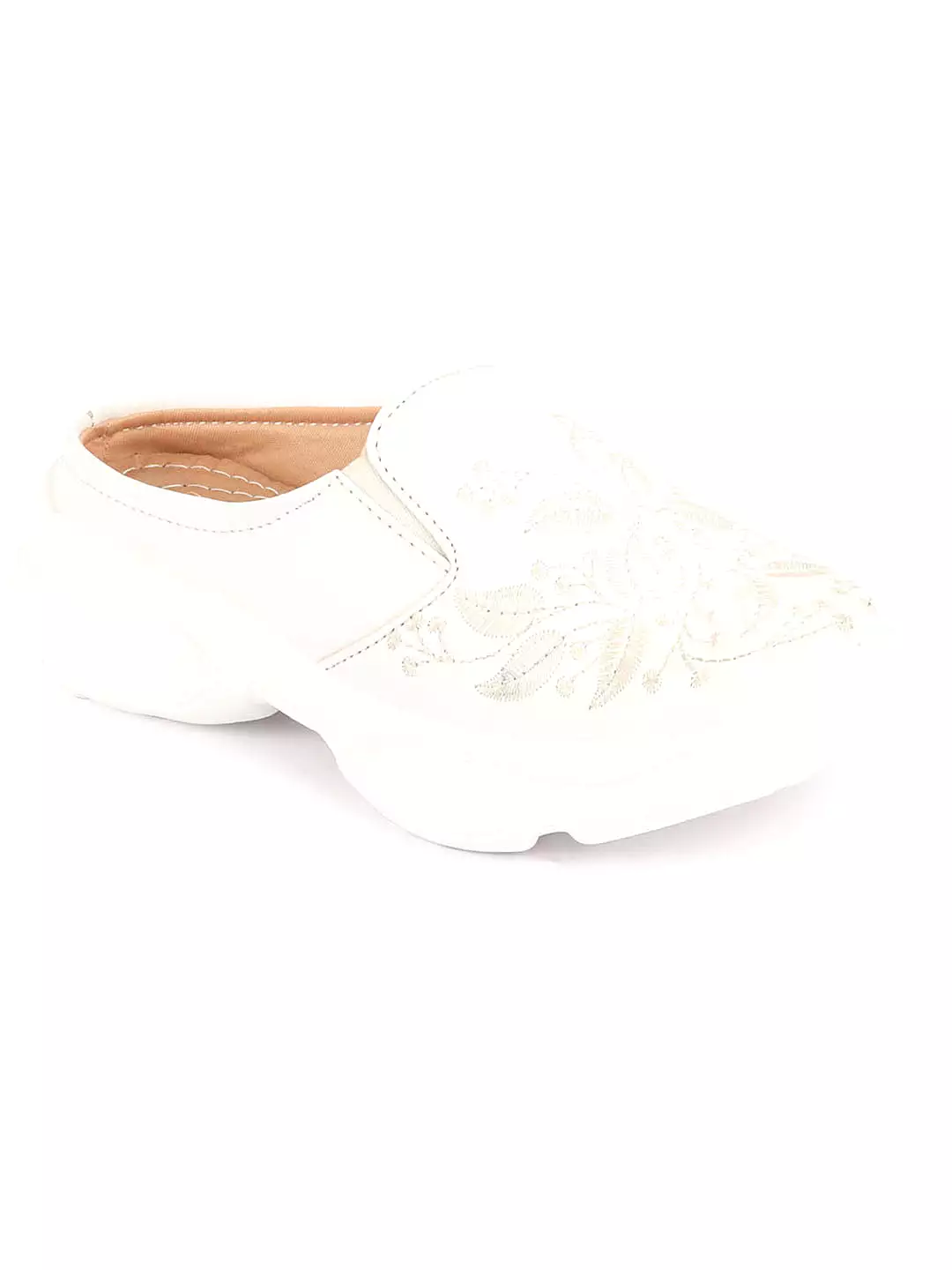 Off White Leaf Print Embroidery Design Back Open Slip On Mules Shoes for Women