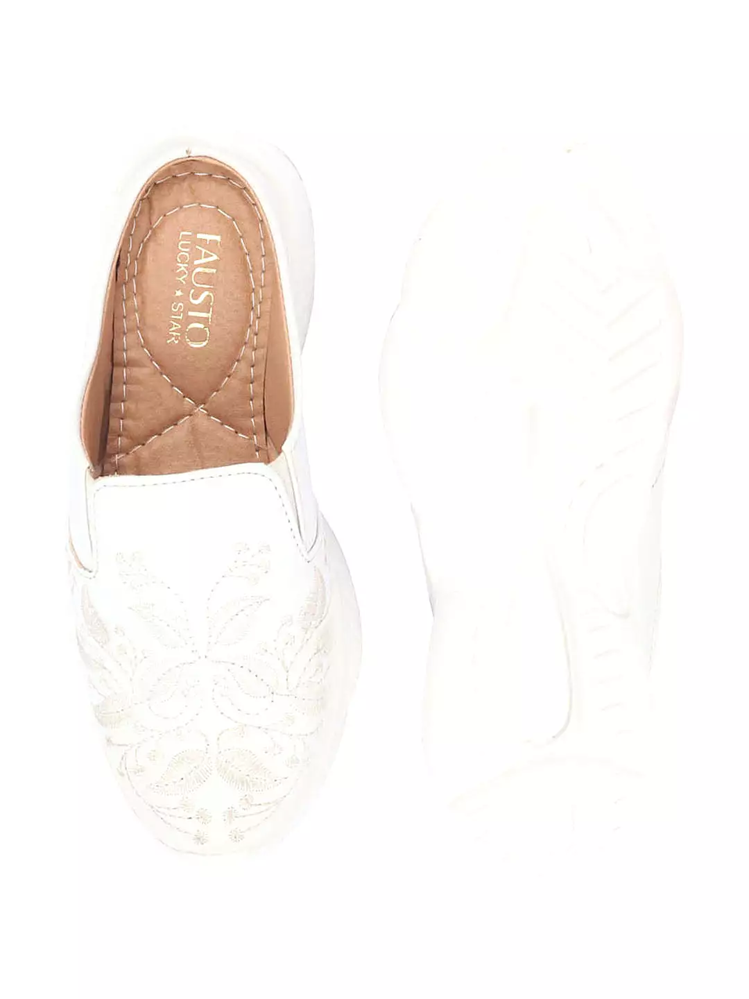 Off White Leaf Print Embroidery Design Back Open Slip On Mules Shoes for Women