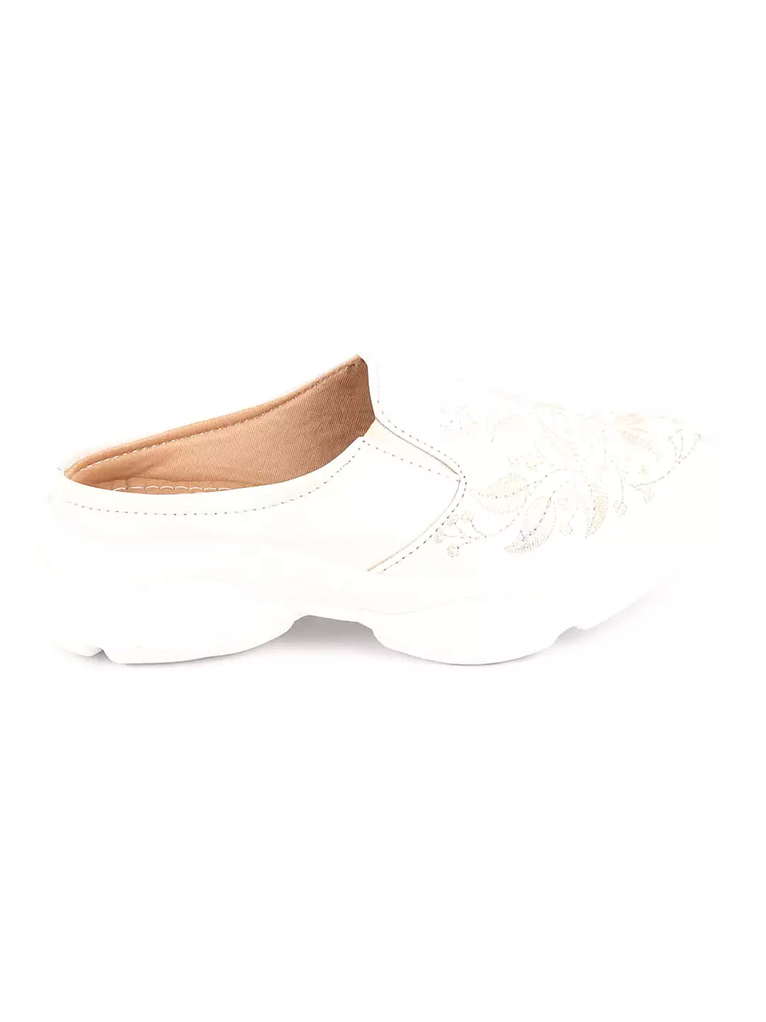 Off White Leaf Print Embroidery Design Back Open Slip On Mules Shoes for Women