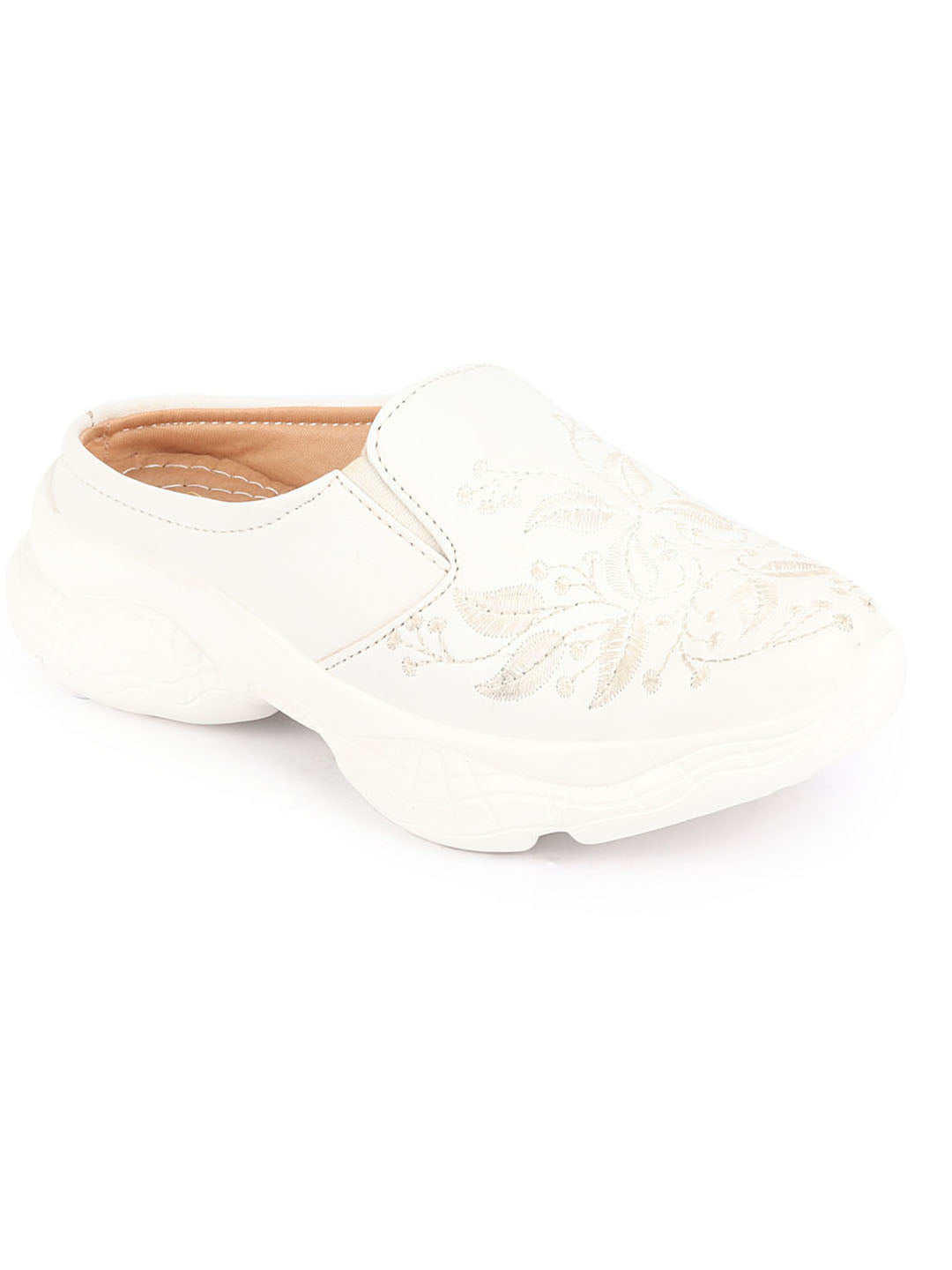 Off White Leaf Print Embroidery Slip On Mules Shoes for Women