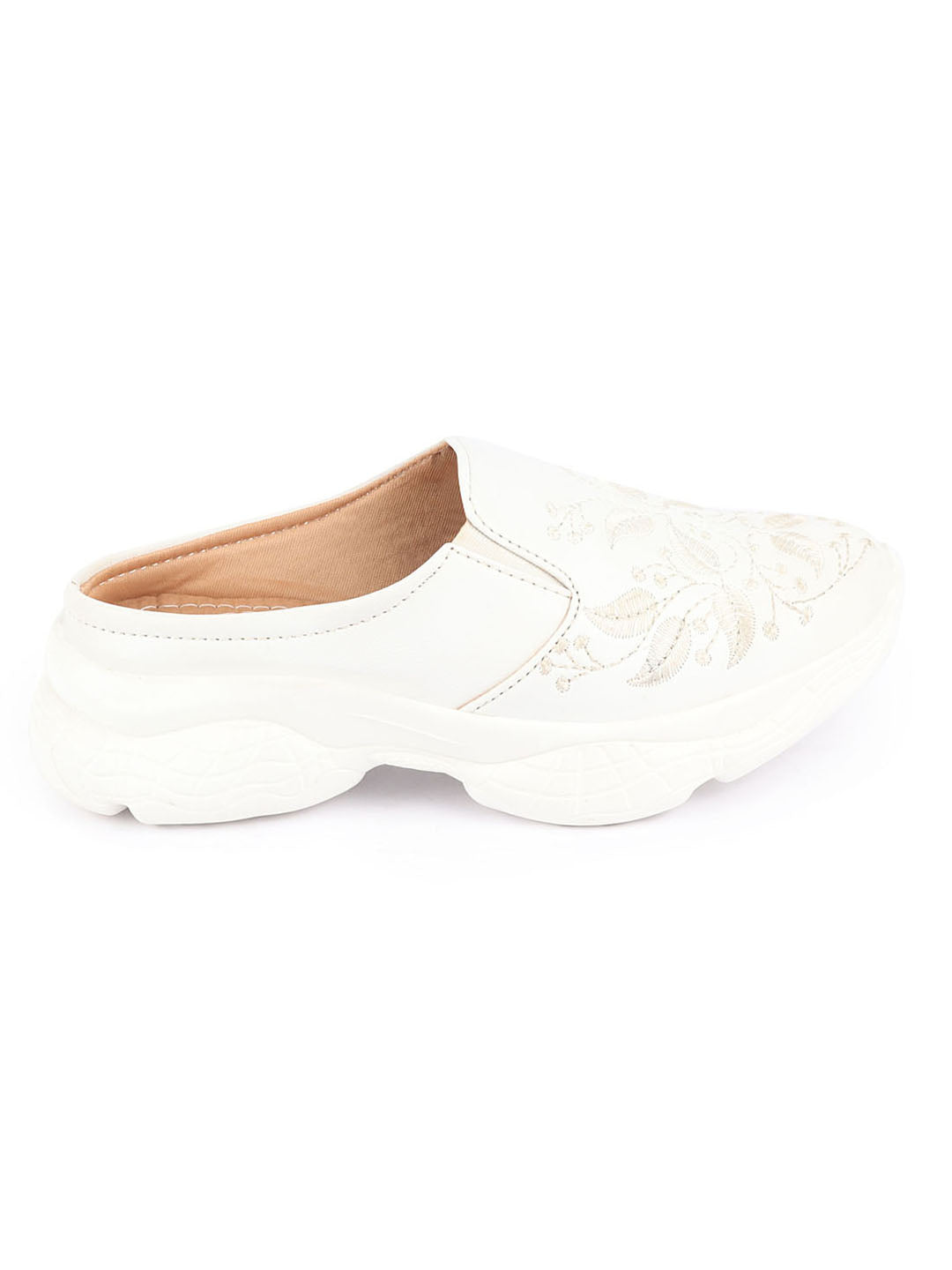 Off White Leaf Print Embroidery Slip On Mules Shoes for Women