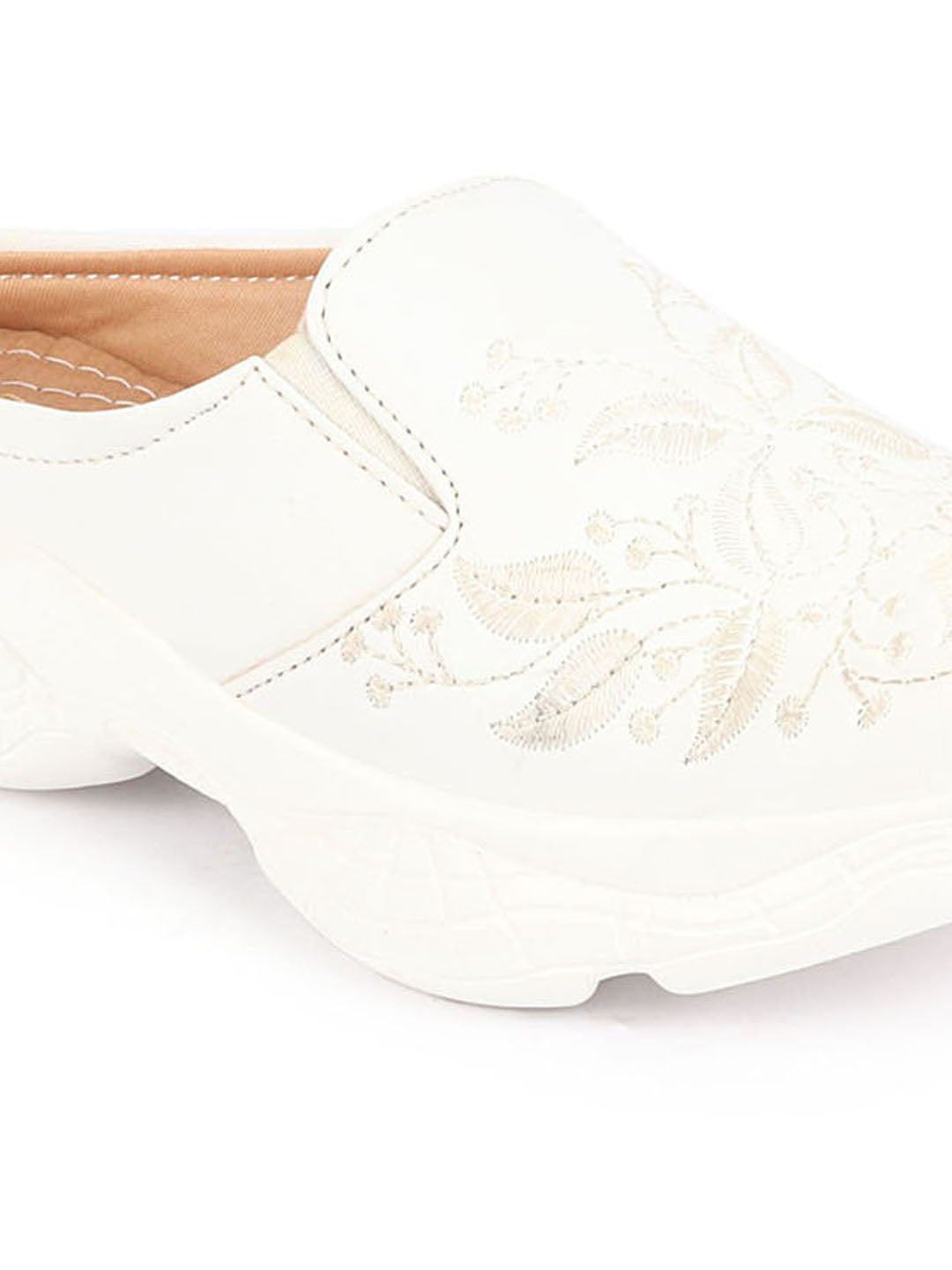 Off White Leaf Print Embroidery Slip On Mules Shoes for Women