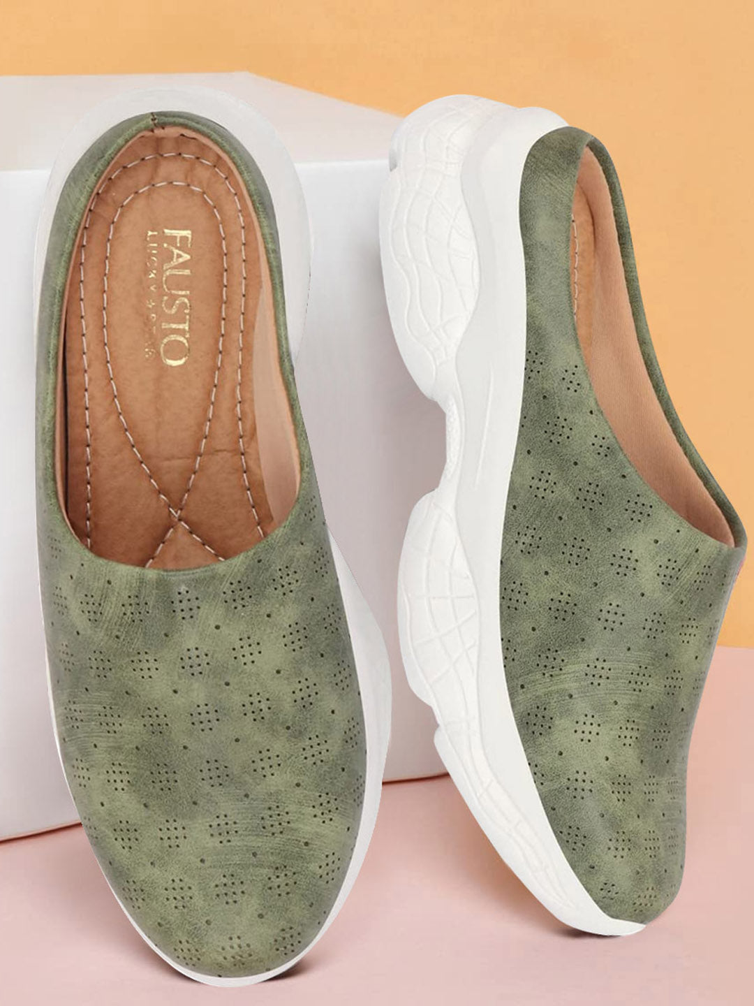 Olive Backless Mules for Women in Classic Design