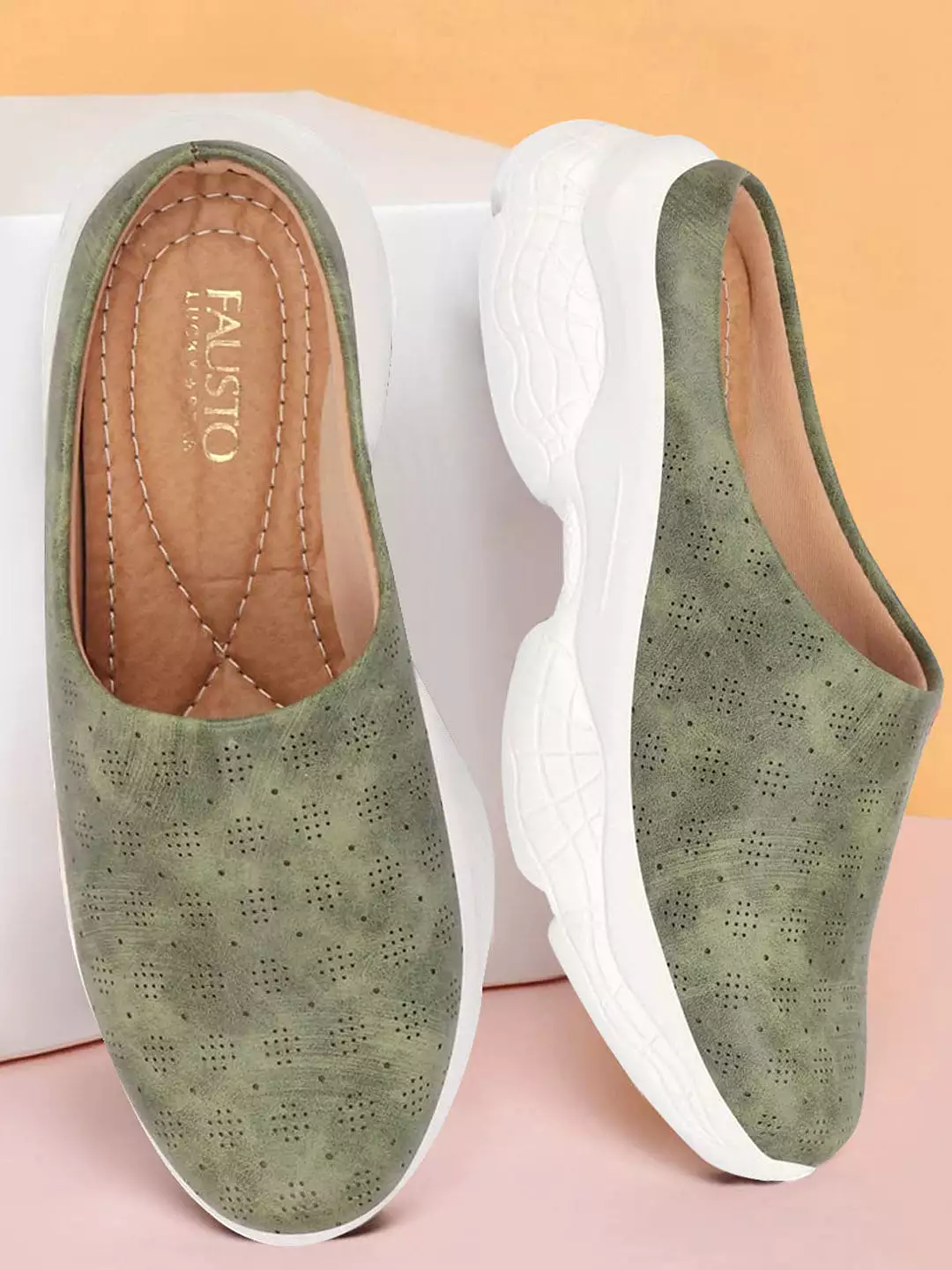 Olive Backless Women's Slip-On Mules with Classic Design