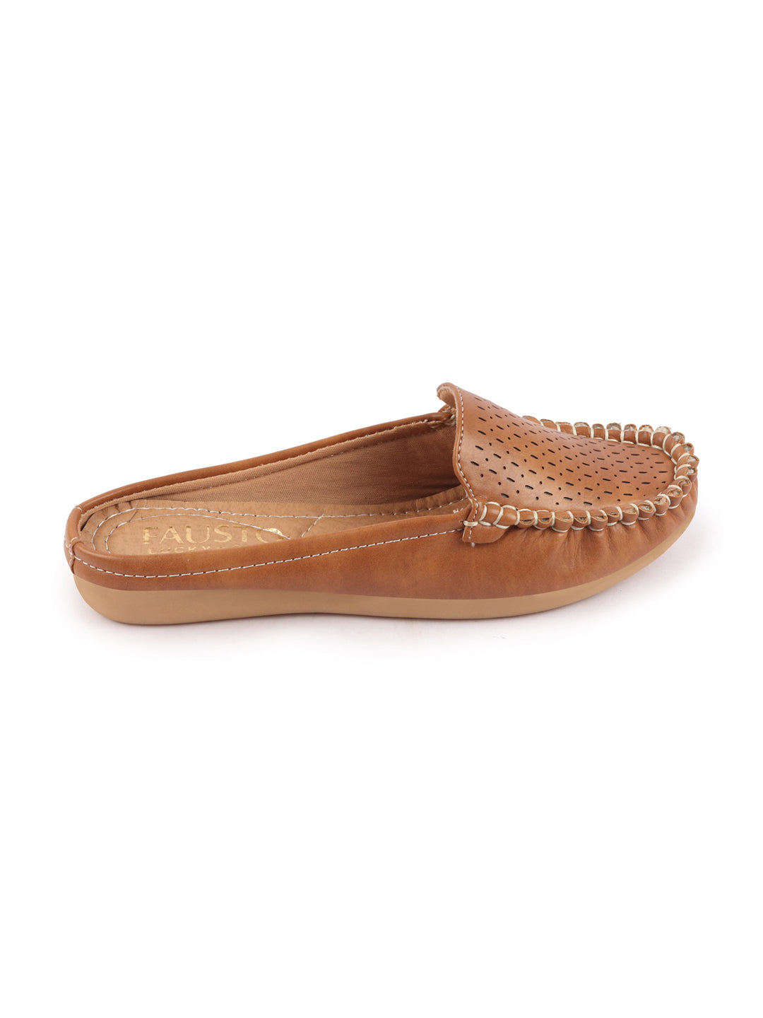 Open Back Side Stitched Laser Cut Slip On Mules for Women