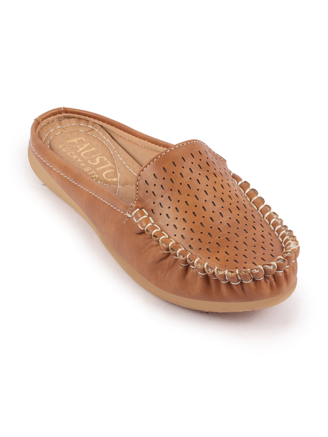 Open Back Side Stitched Laser Cut Slip On Mules for Women