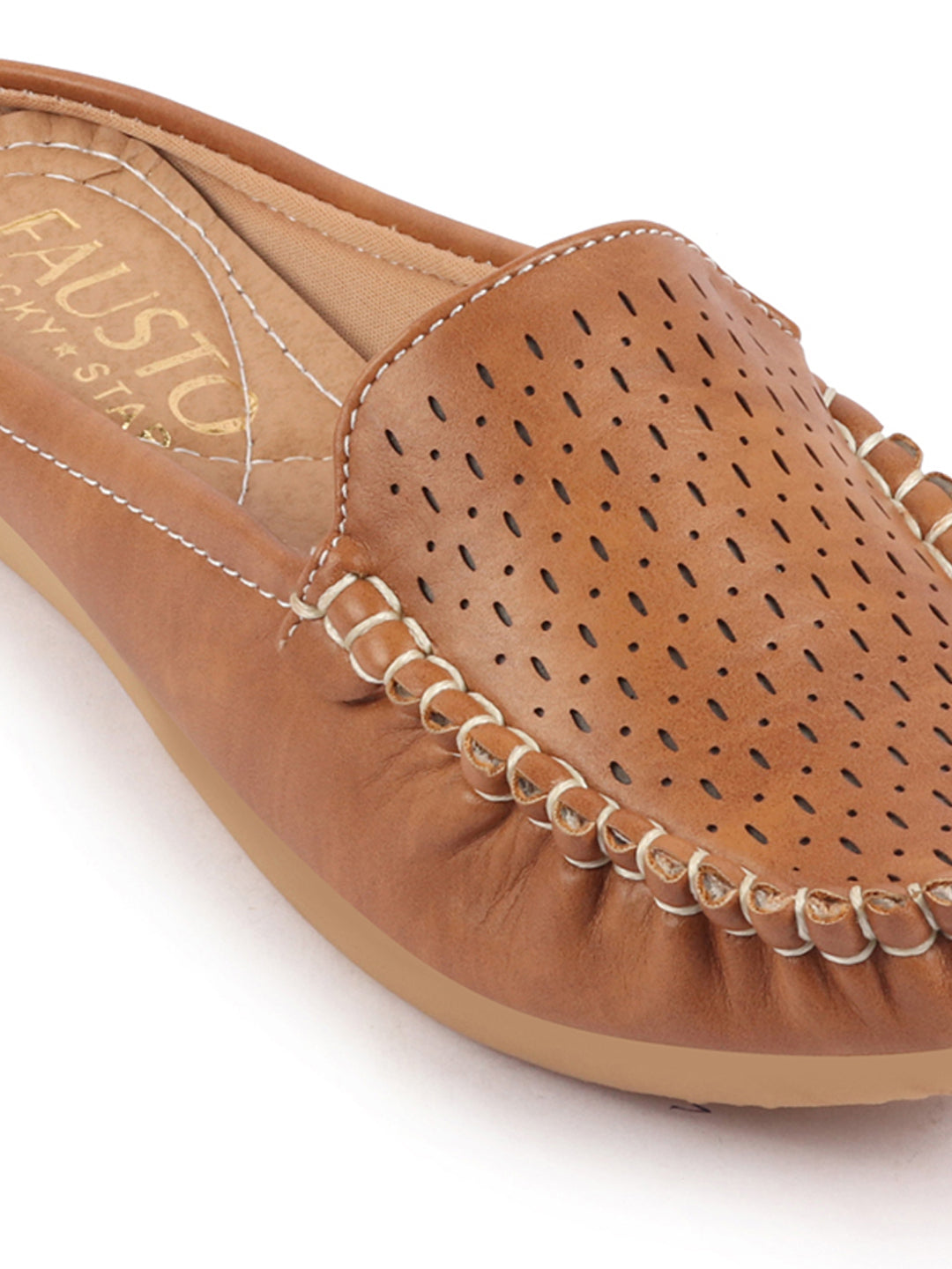 Open Back Side Stitched Laser Cut Slip On Mules for Women