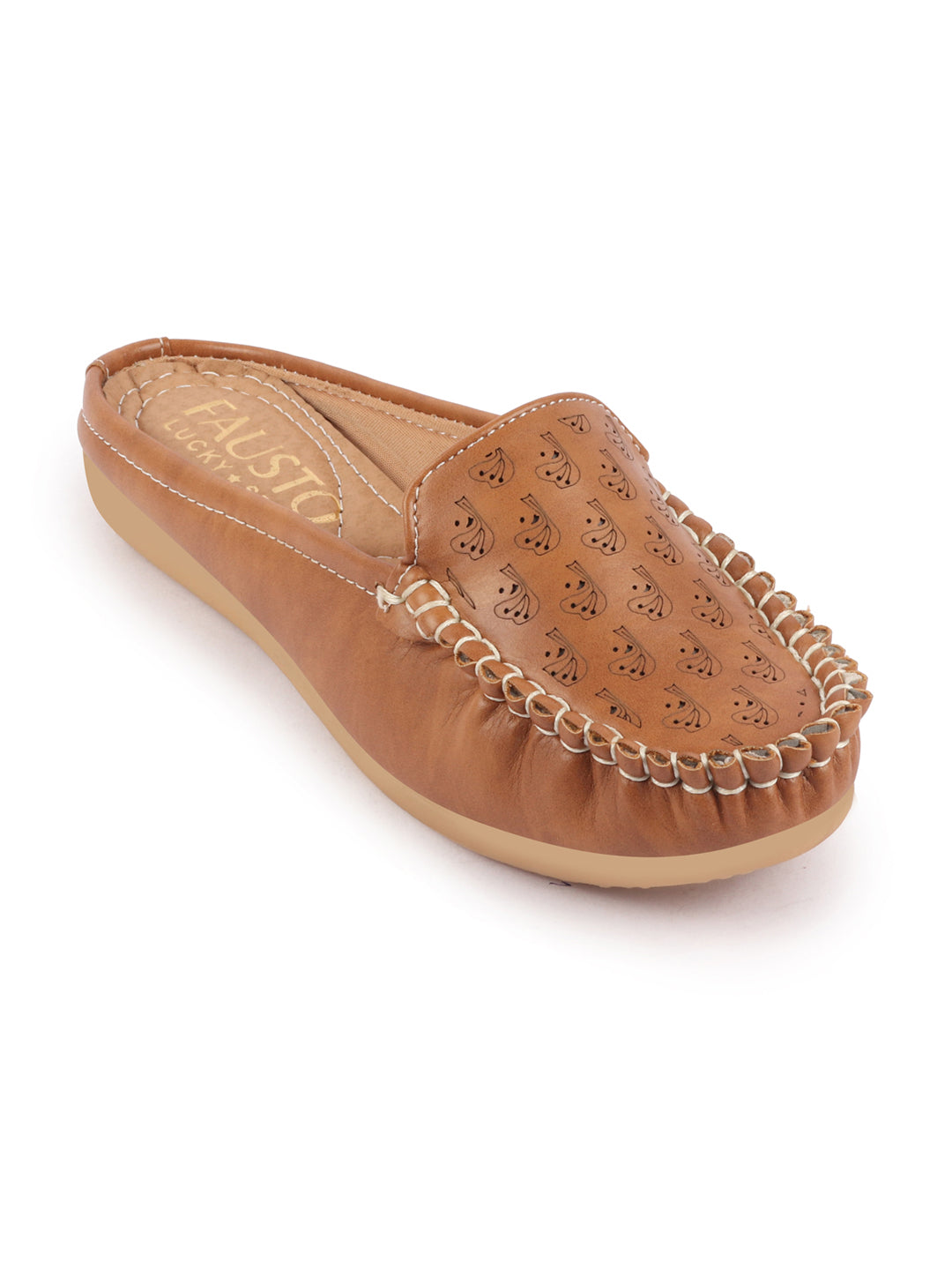 Open Back Slip On Mules with Side Stitching and Printed Design for Women