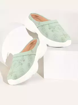 Parrot Green Laser Cut Star Design Slip-On Mules Shoes - Women