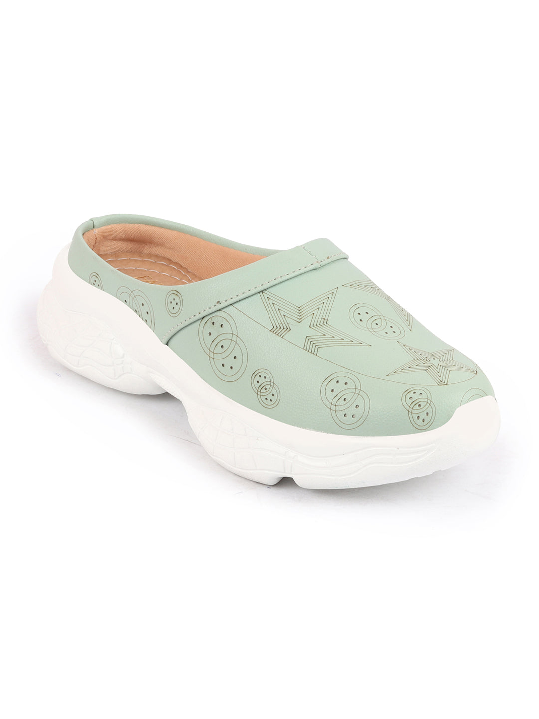 Parrot Green Laser Cut Star Design Slip-On Mules Shoes - Women