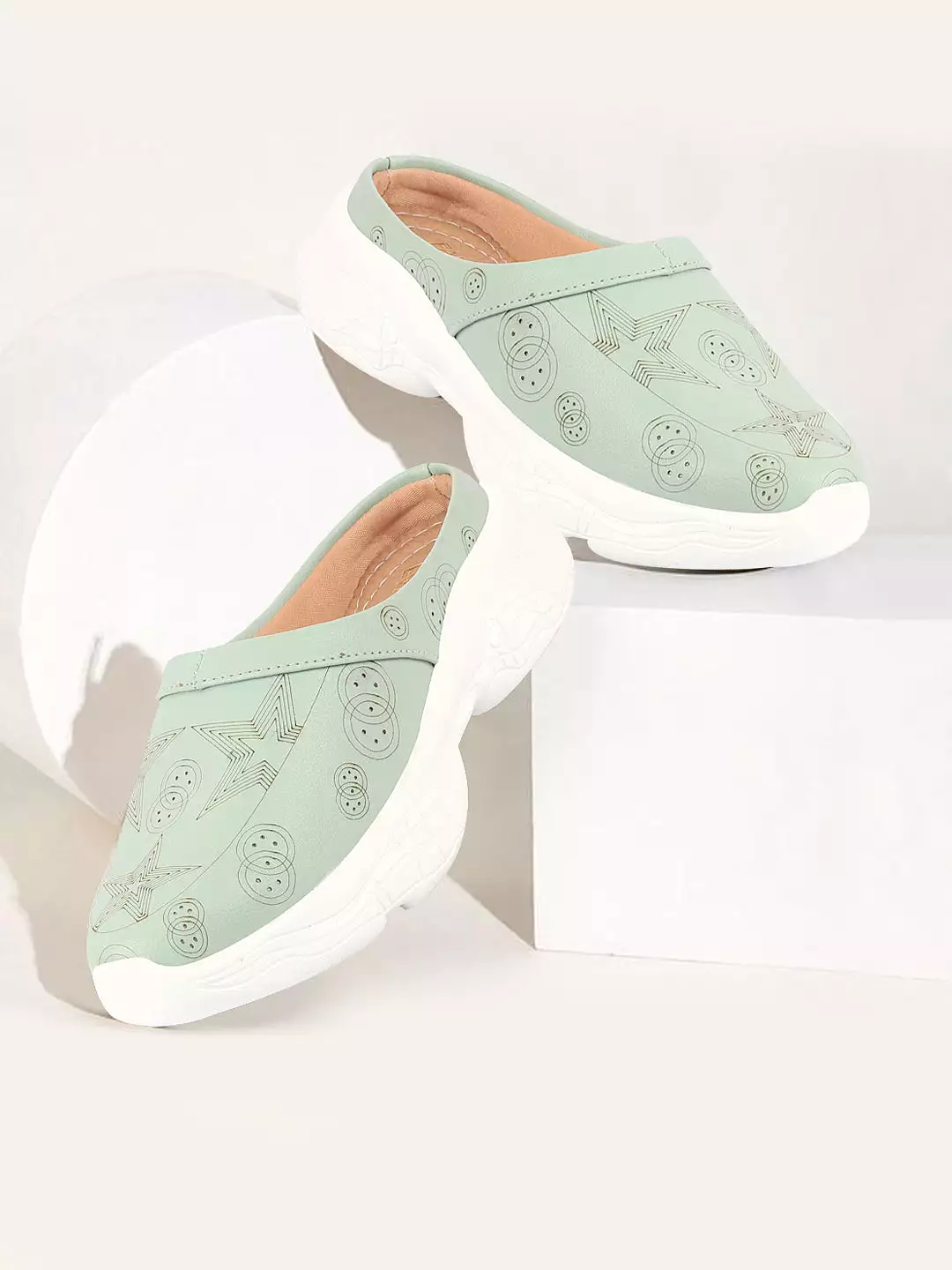 Parrot Green Laser Cut Star Slip-On Mules Shoes for Women