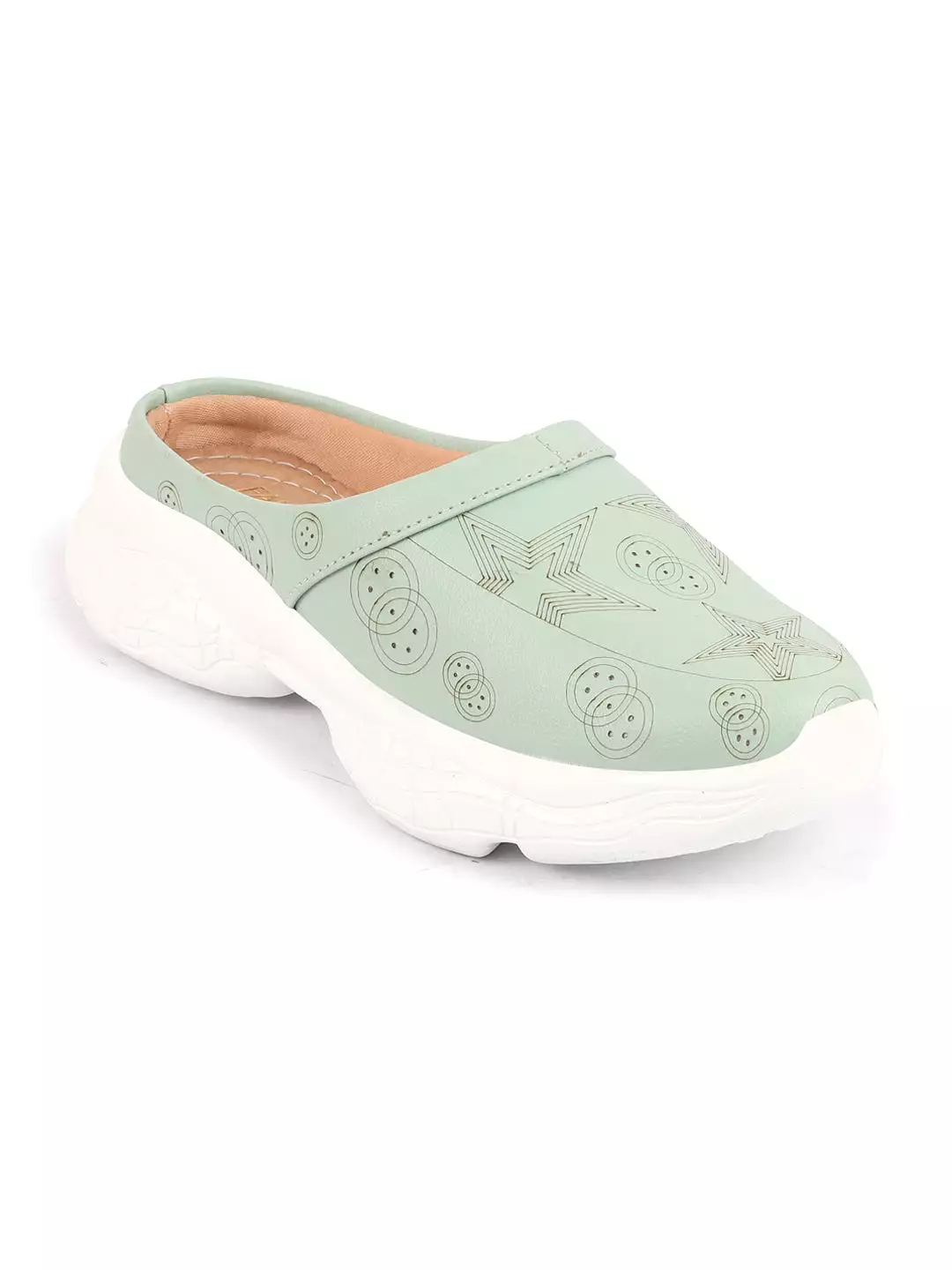 Parrot Green Laser Cut Star Slip-On Mules Shoes for Women