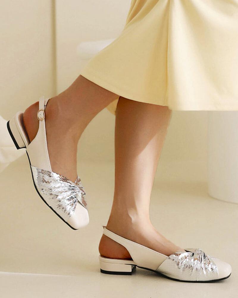 Patent Leather Square Toe Bow Block Heel Flats