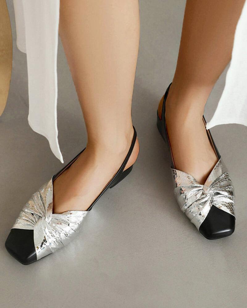 Patent Leather Square Toe Bow Block Heel Flats