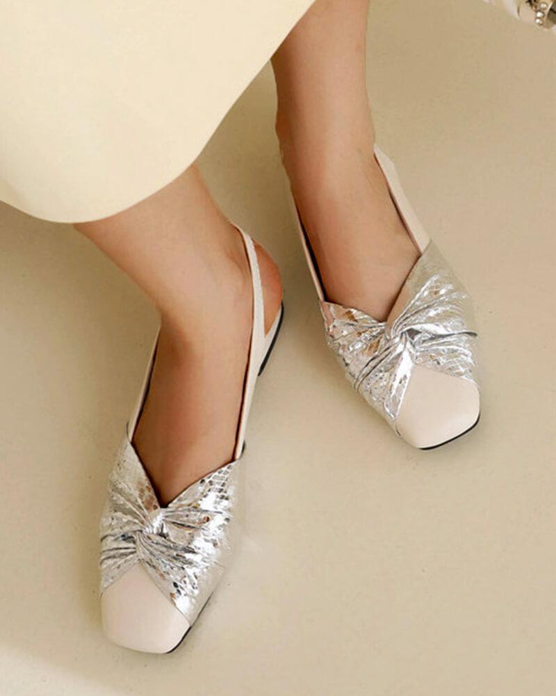 Patent Leather Square Toe Bow Block Heel Flats