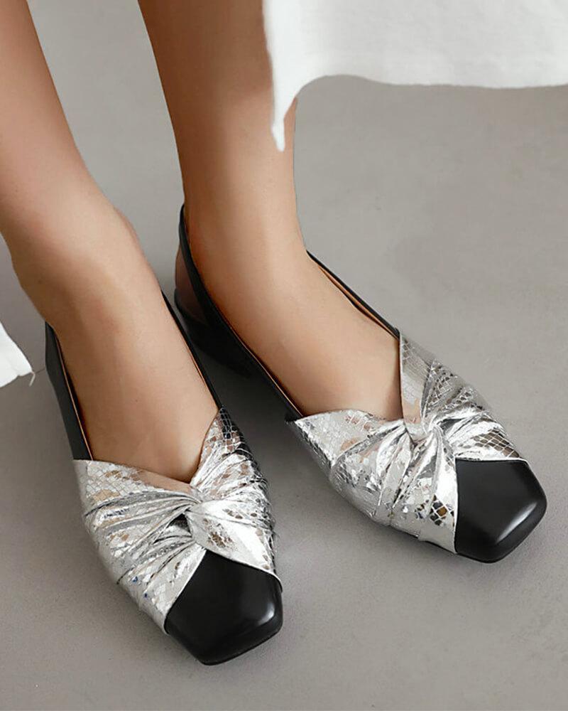 Patent Leather Square Toe Bow Block Heel Flats