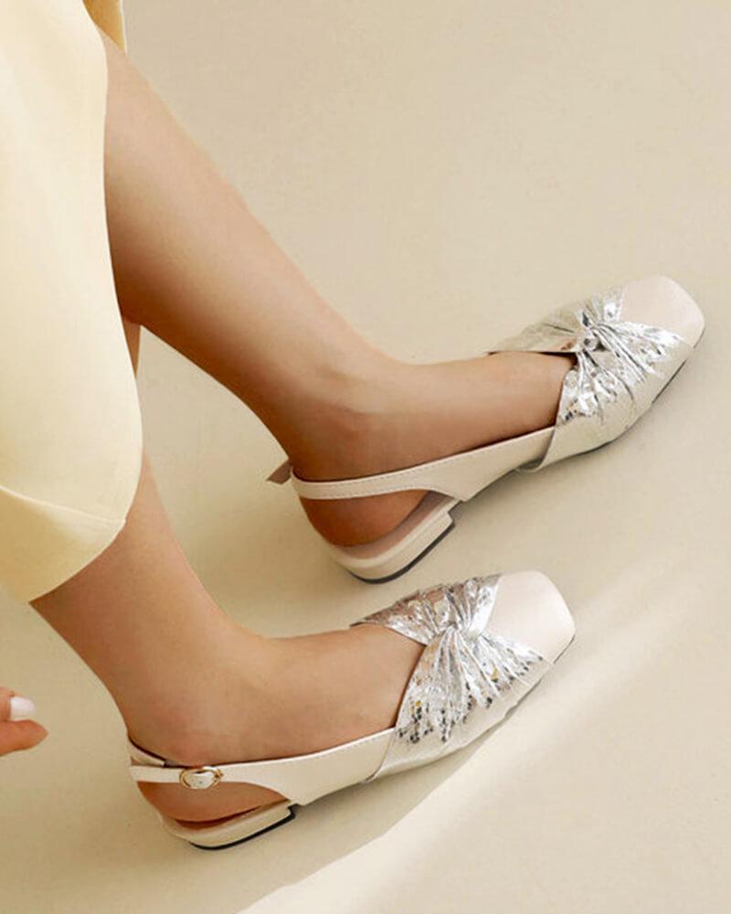 Patent Leather Square Toe Bow Block Heel Flats