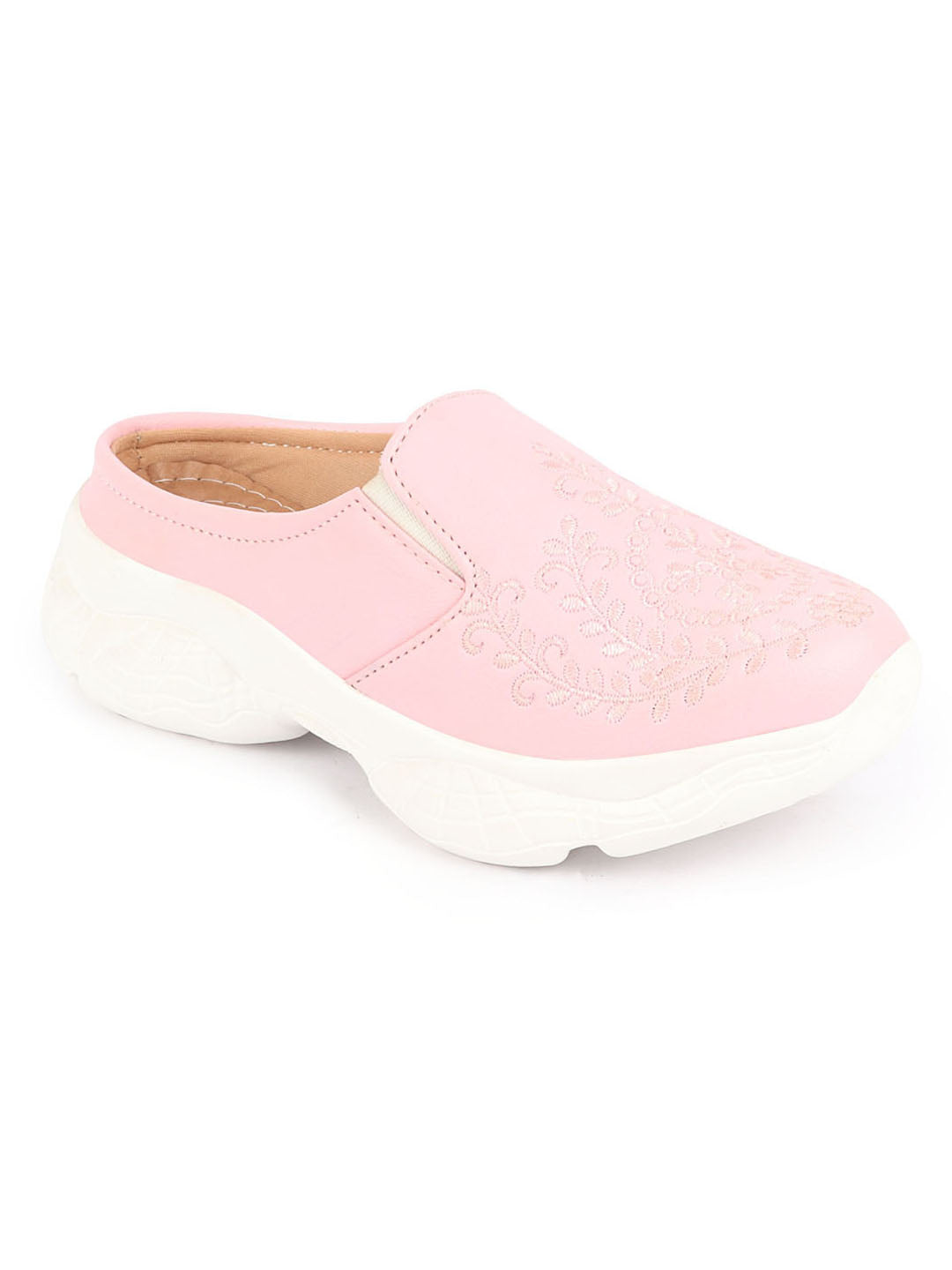 Pink Floral and Leaf Print Embroidered Backless Mule Shoes for Women