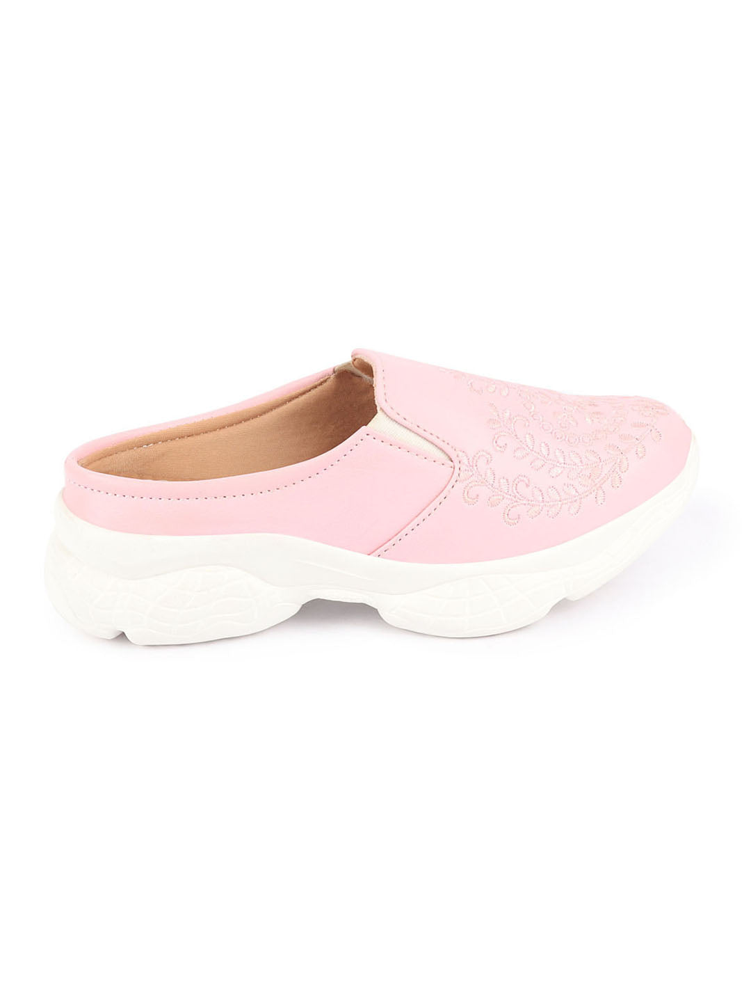 Pink Floral and Leaf Print Embroidered Backless Mule Shoes for Women