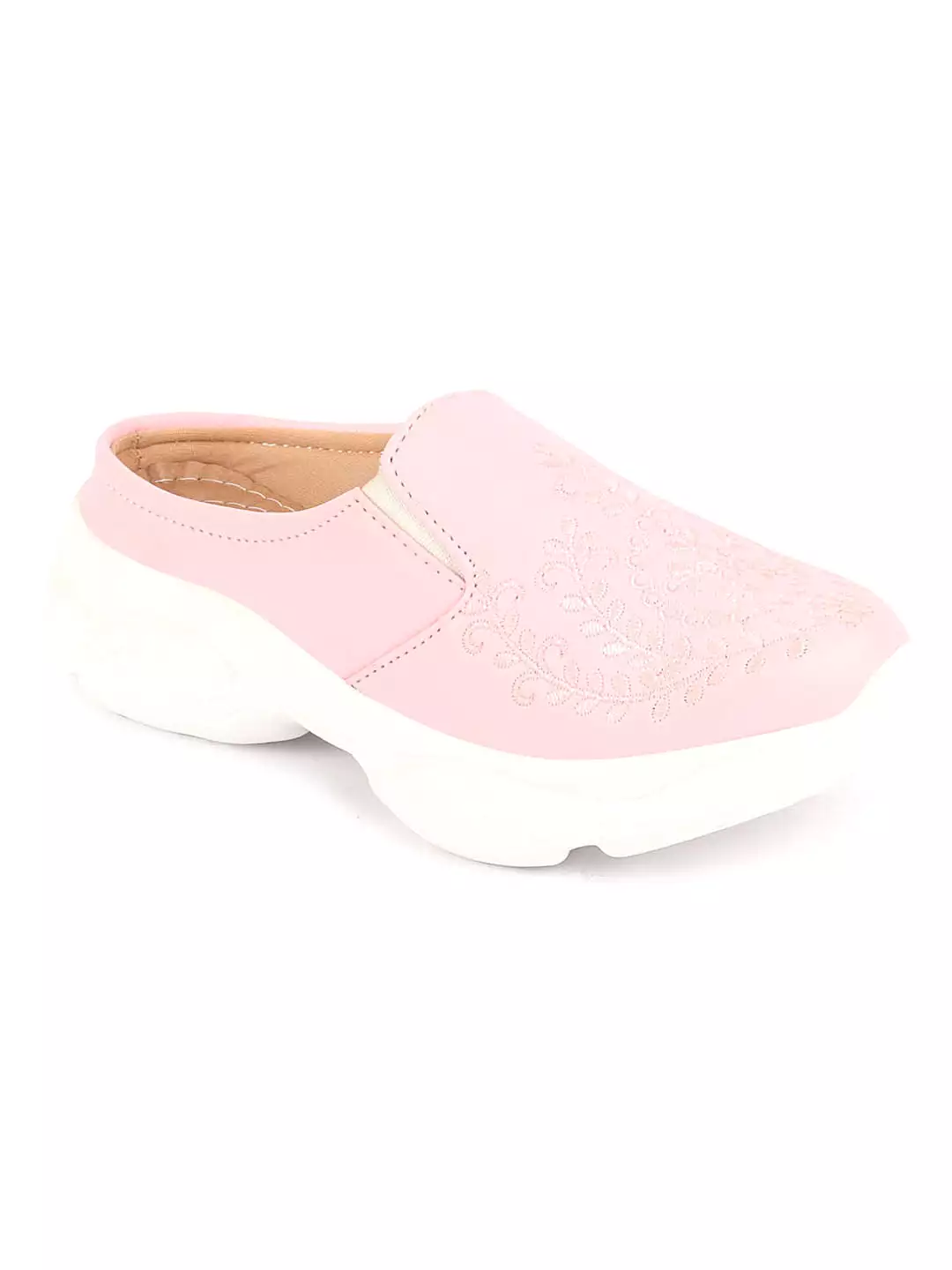 Pink Floral and Leaf Print Embroidery Slip On Mules Shoes for Women