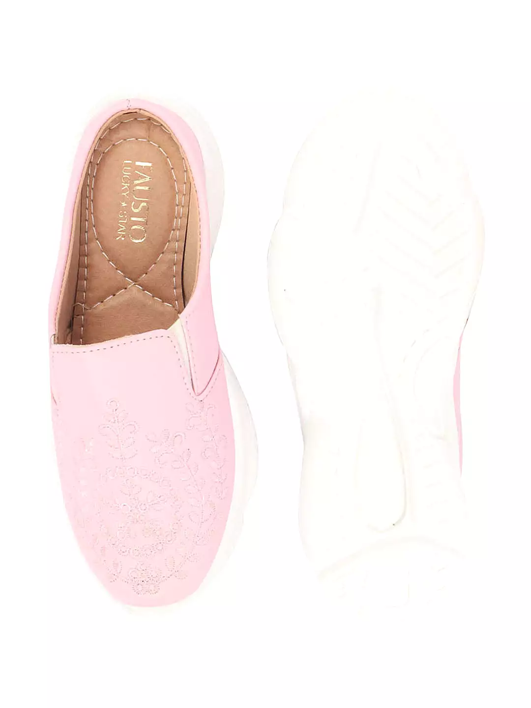 Pink Floral and Leaf Print Embroidery Slip On Mules Shoes for Women