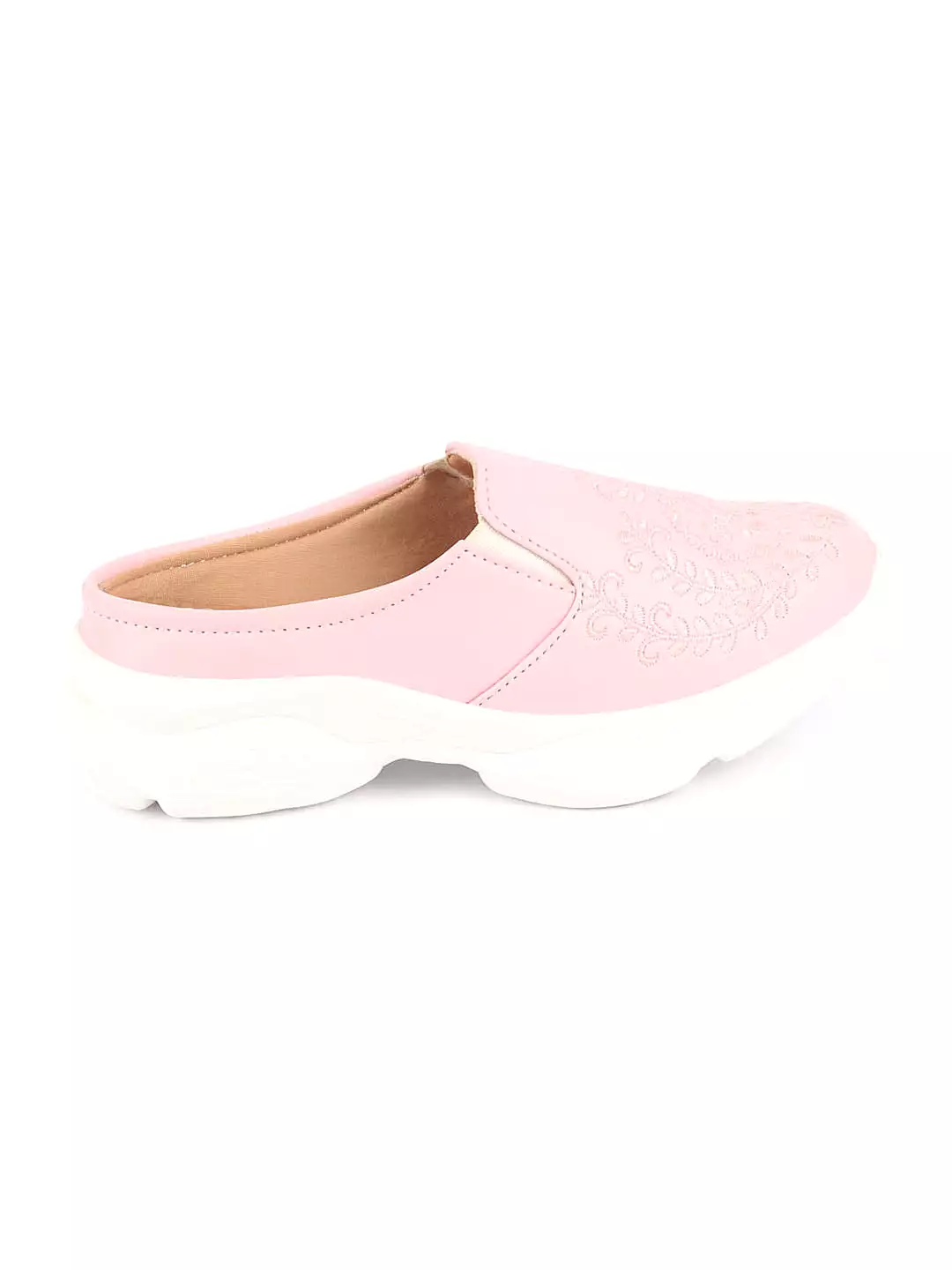 Pink Floral and Leaf Print Embroidery Slip On Mules Shoes for Women