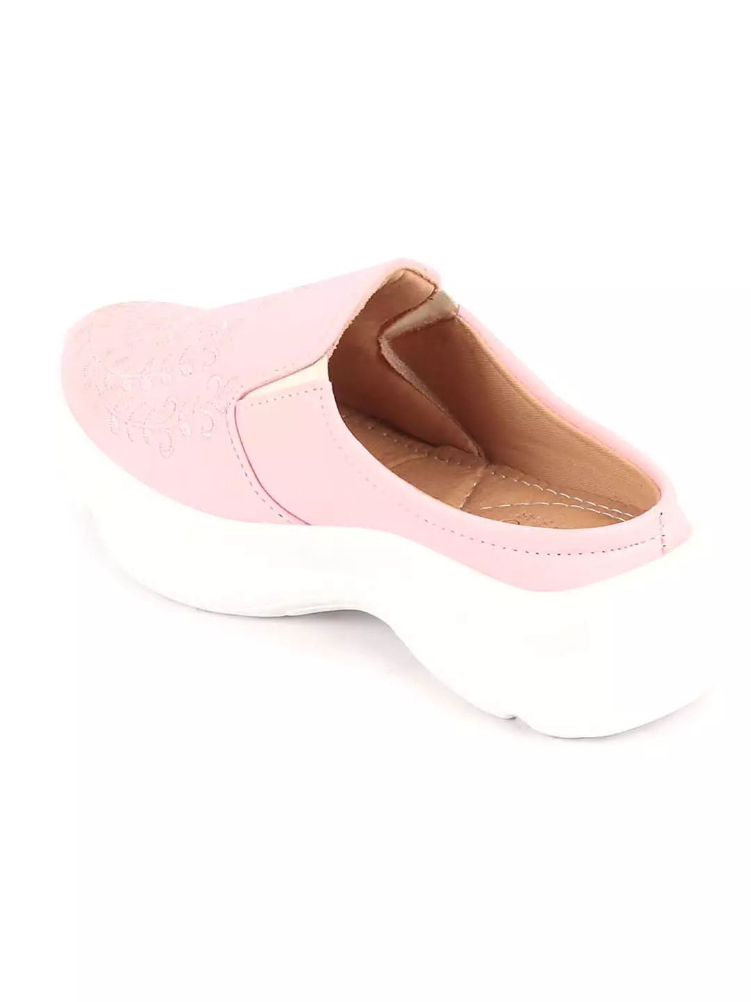 Pink Floral and Leaf Print Embroidery Slip On Mules Shoes for Women